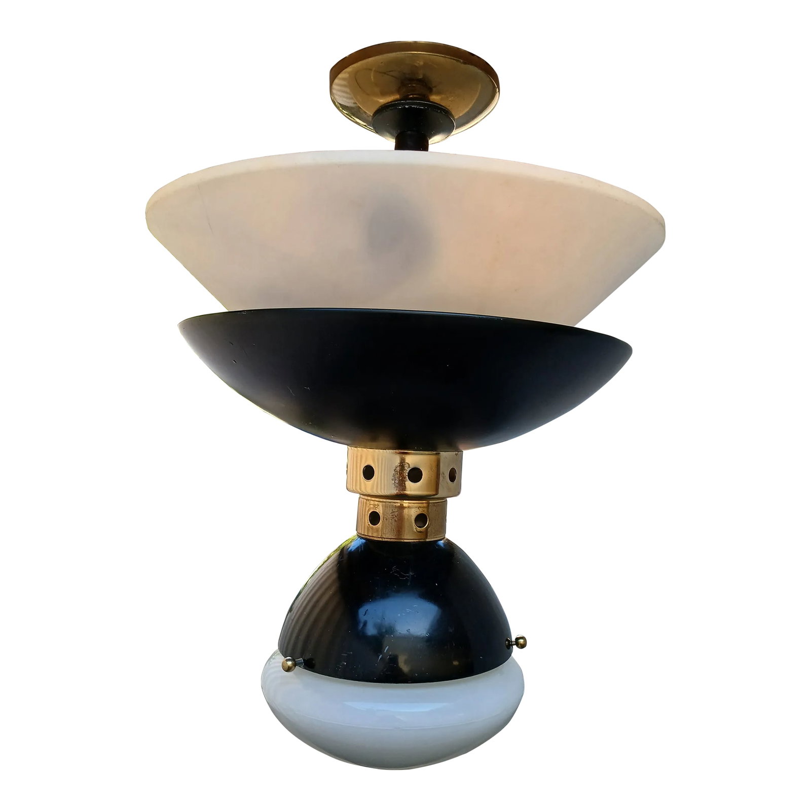 1980s Bauhuas Style Semi Flush Ceiling Mount Lamp: This is a single semi flush mount Bauhus style lamp it's black and gold steel and brass lights in the top dome and at the bottom Condition: Alterations: Original Condition Unaltered Imperfections: