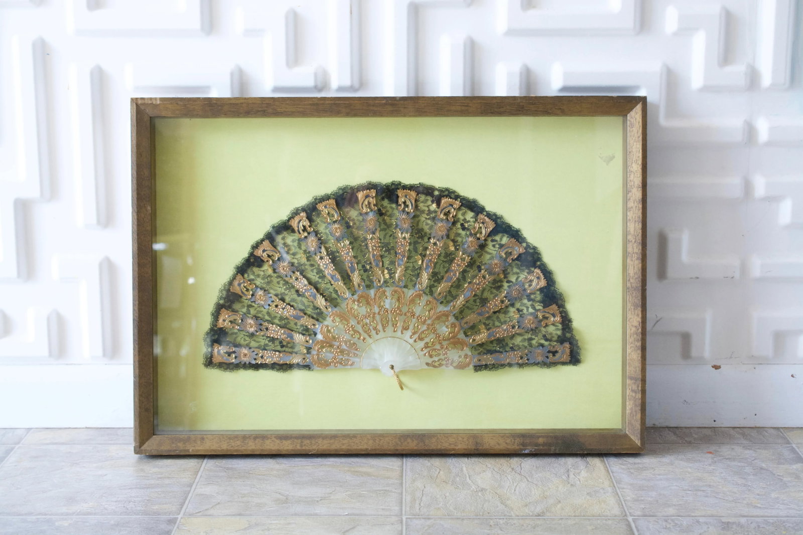 Victorian Lace Fan in Chartreuse Framed Shadowbox - 10