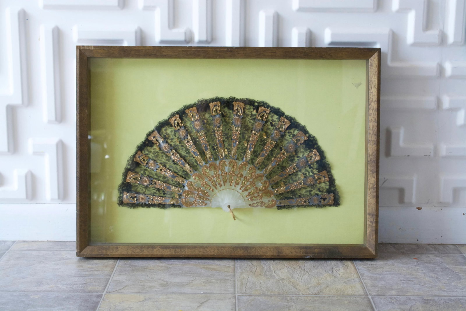 Victorian Lace Fan in Chartreuse Framed Shadowbox - 11