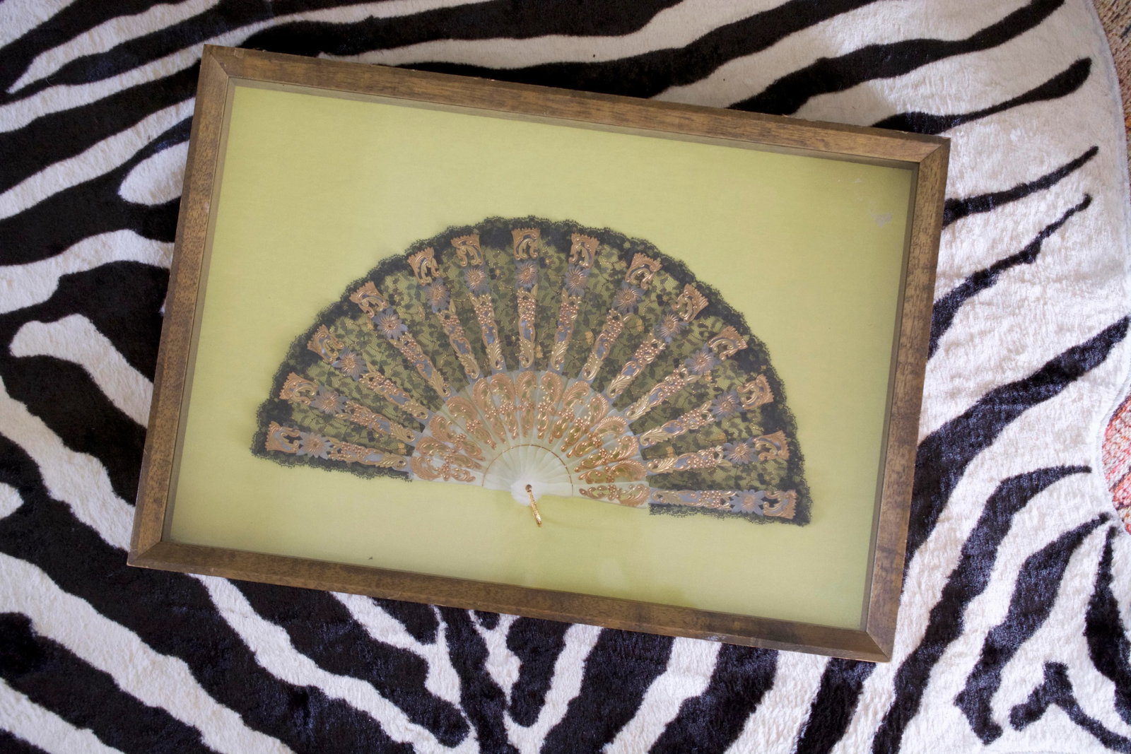 Victorian Lace Fan in Chartreuse Framed Shadowbox - 2