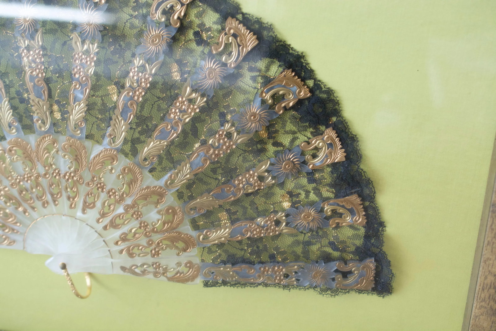 Victorian Lace Fan in Chartreuse Framed Shadowbox - 7