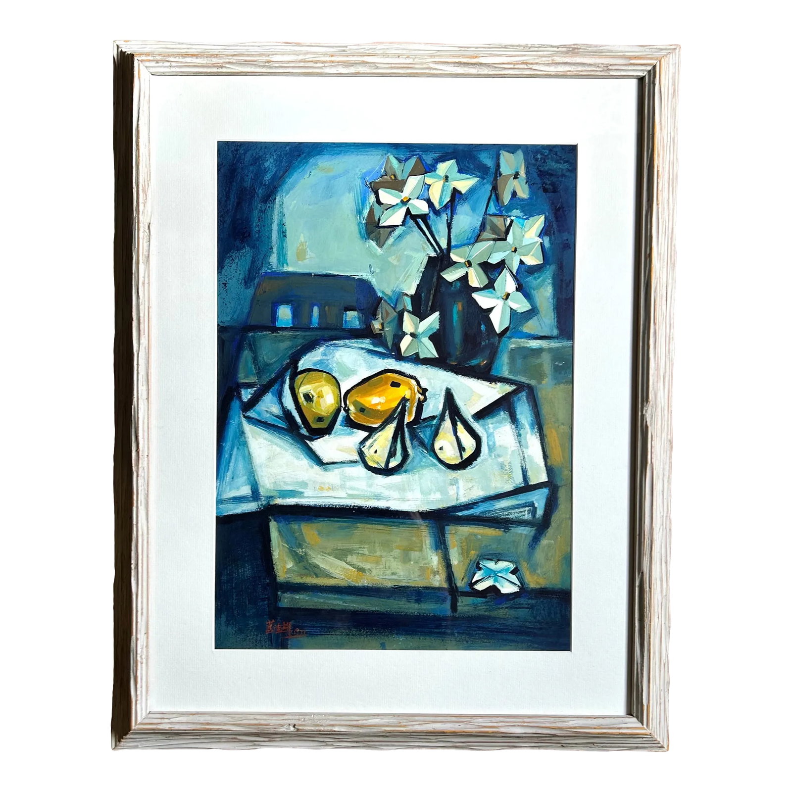 Cubist Abstract Fruit Still Life, Signed & Dated: A colorful cubist abstract still life displaying a scene of fruit on table with a flower vase on top of a desk and chair. Signed and dated lower left corner. Dated 1971. Signed in Japanese. Newly matt