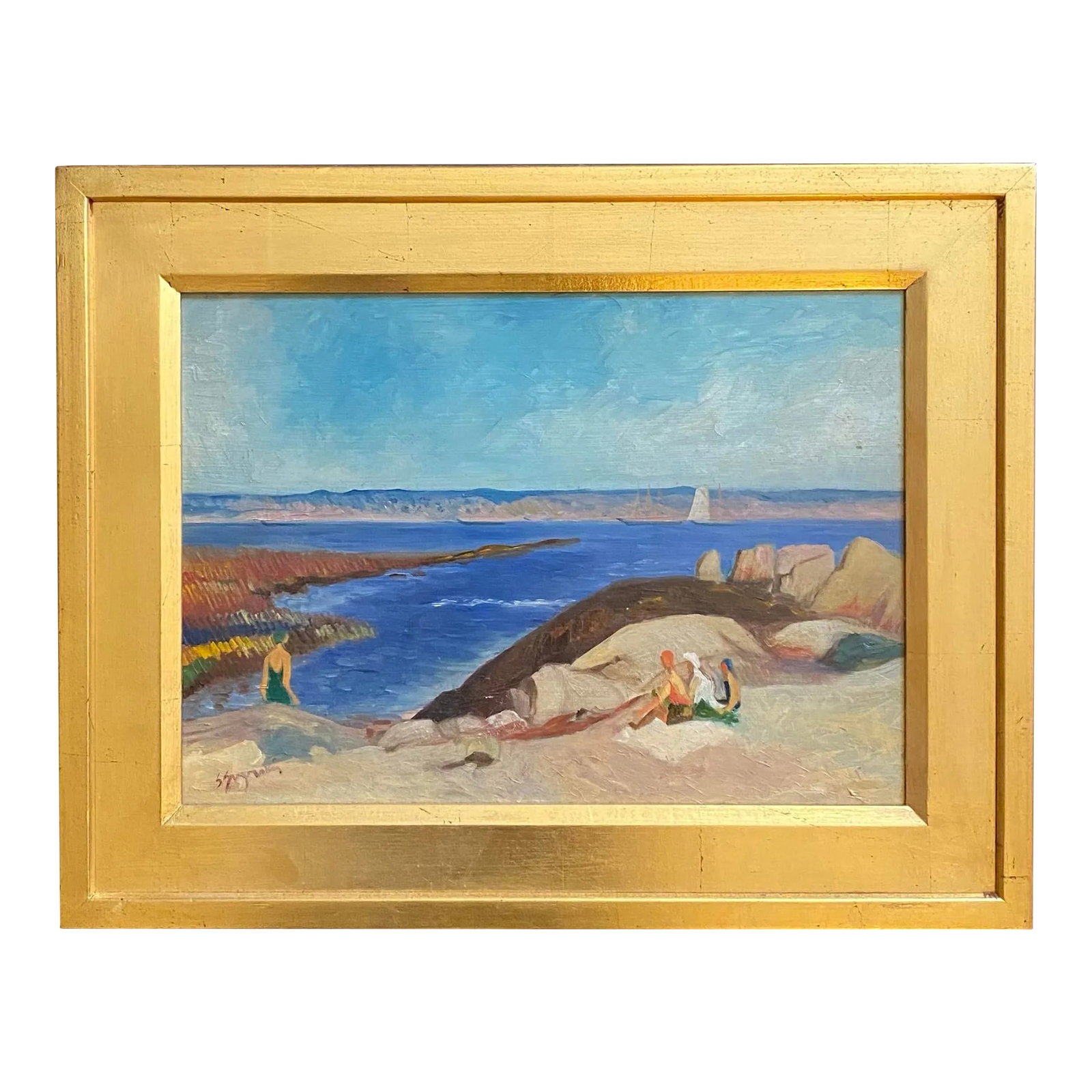 1990 Impressionist Style Coastal Beach Scene Oil Painting After Pothast by Satori Gregorakis, Framed: Original oil painting on board of a coastal beach scene in the manner of Pothast with sailboat in the background and bathers in the foreground. Framed. Signed in the lower left corner. Circa 1995. Sat