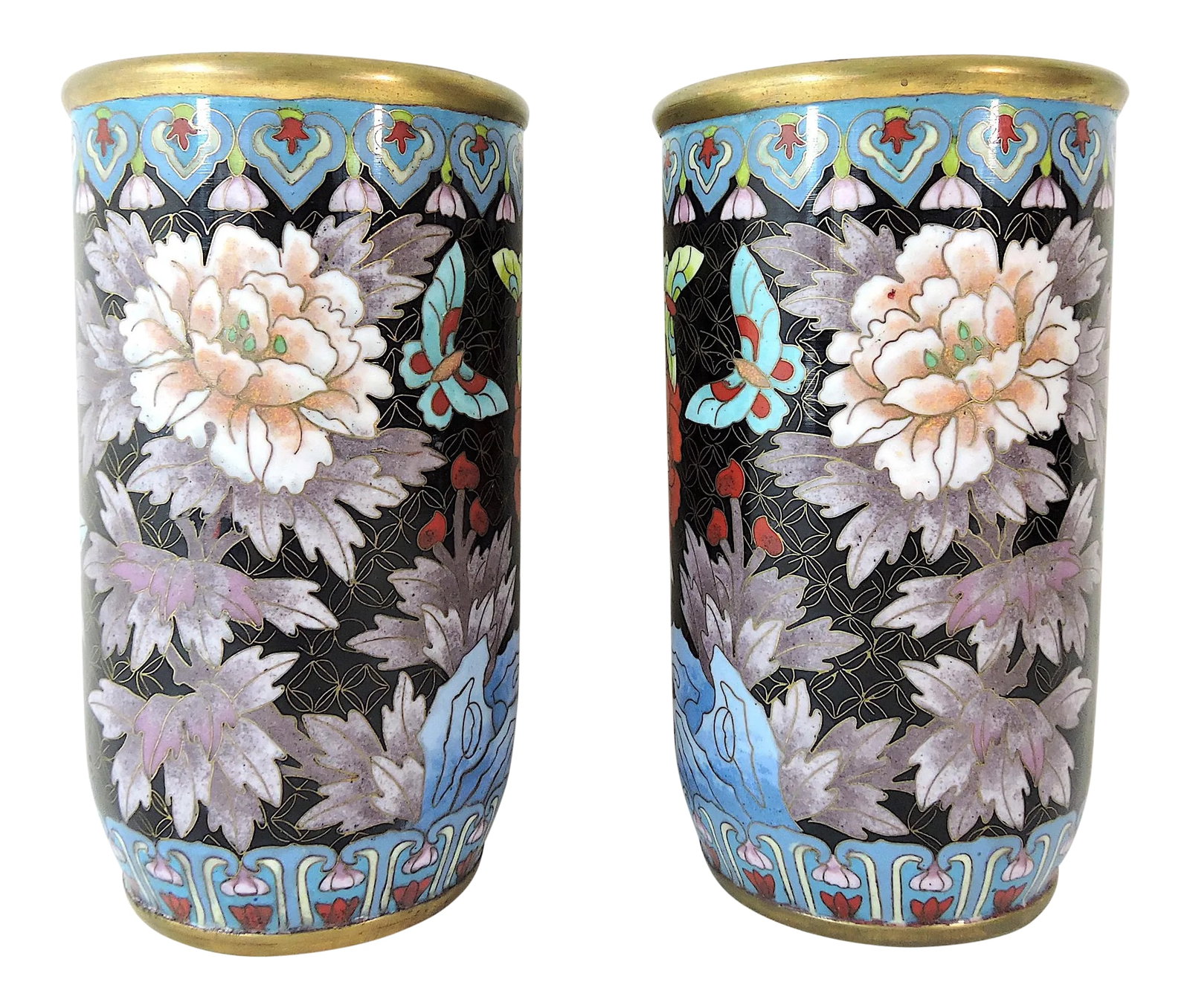 Antique Chinese Blue & Mauve Cloisonne Opposing Flower & Butterfly Cylindrical Vases or Brush Pots- (1 of 7)