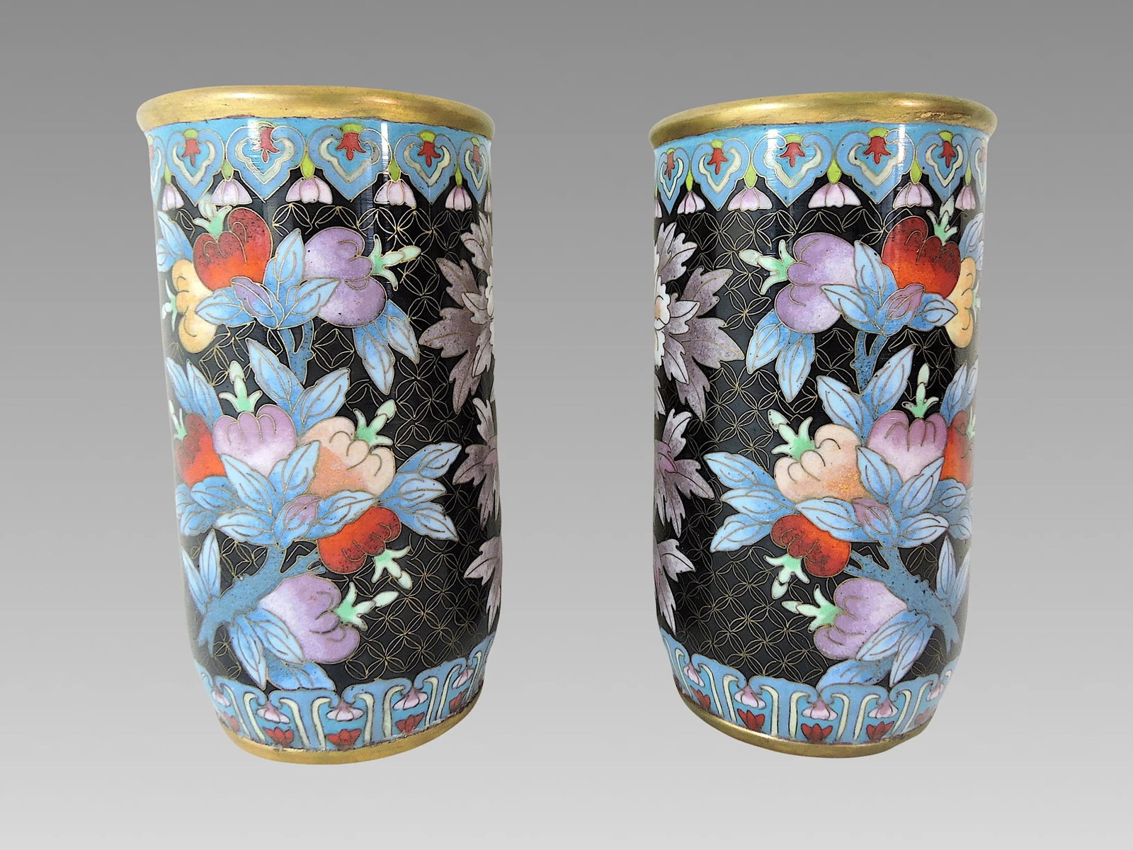 Antique Chinese Blue & Mauve Cloisonne Opposing Flower & Butterfly Cylindrical Vases or Brush Pots- - 2