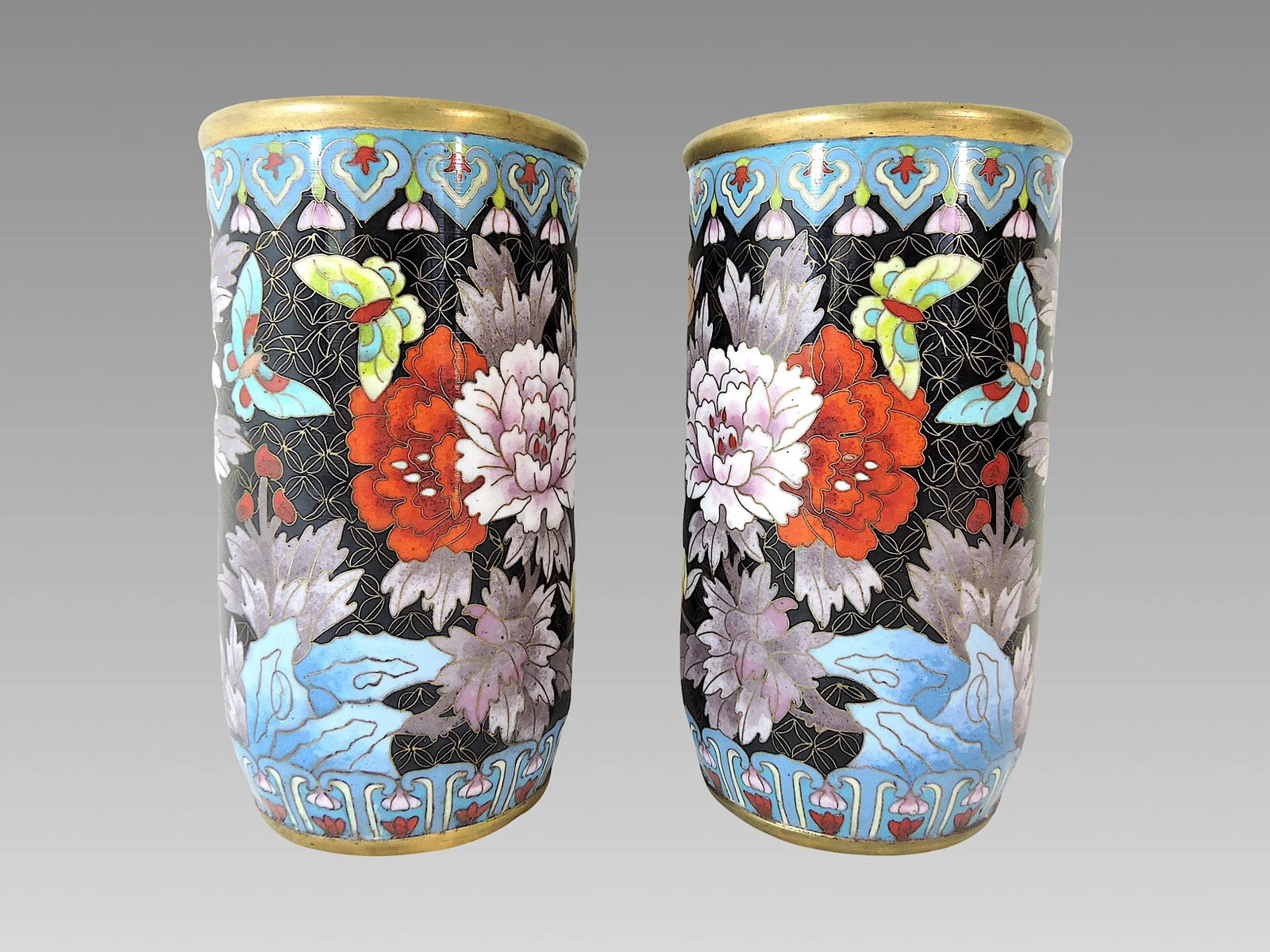 Antique Chinese Blue & Mauve Cloisonne Opposing Flower & Butterfly Cylindrical Vases or Brush Pots- - 3