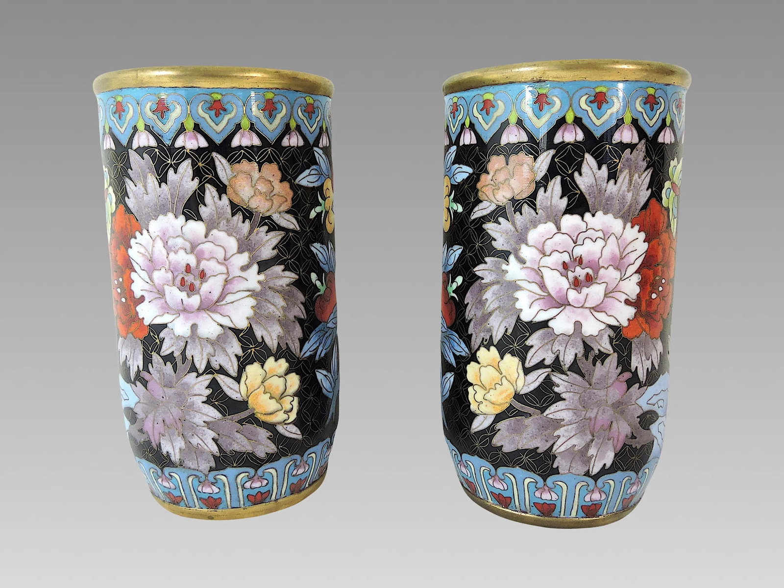 Antique Chinese Blue & Mauve Cloisonne Opposing Flower & Butterfly Cylindrical Vases or Brush Pots- - 4