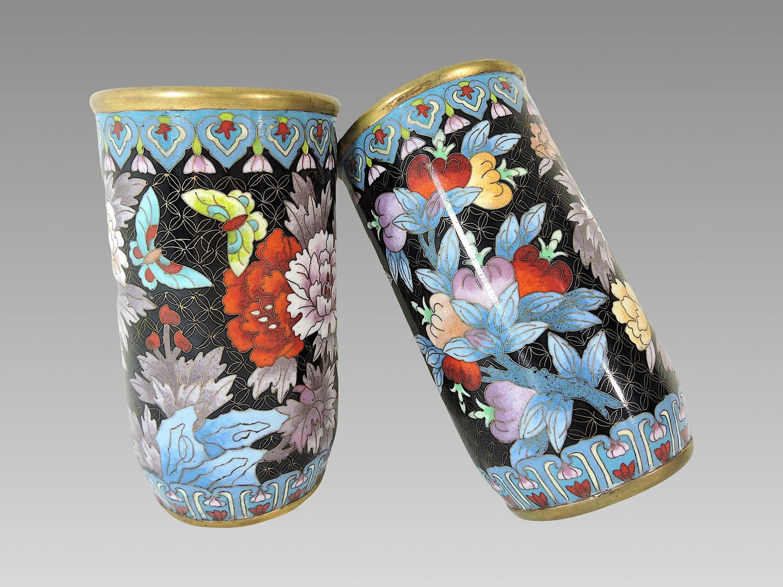 Antique Chinese Blue & Mauve Cloisonne Opposing Flower & Butterfly Cylindrical Vases or Brush Pots- - 5