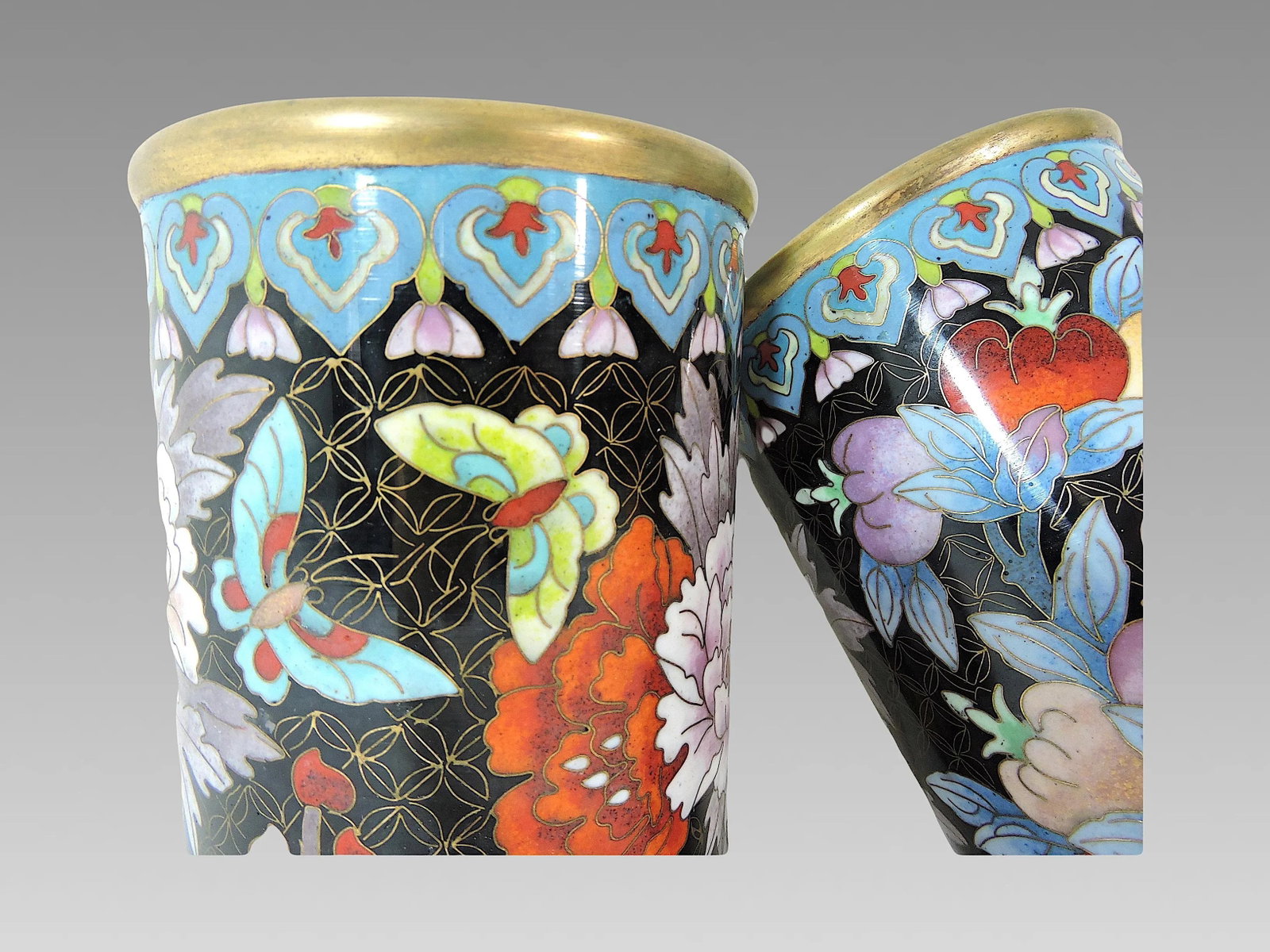 Antique Chinese Blue & Mauve Cloisonne Opposing Flower & Butterfly Cylindrical Vases or Brush Pots- - 6