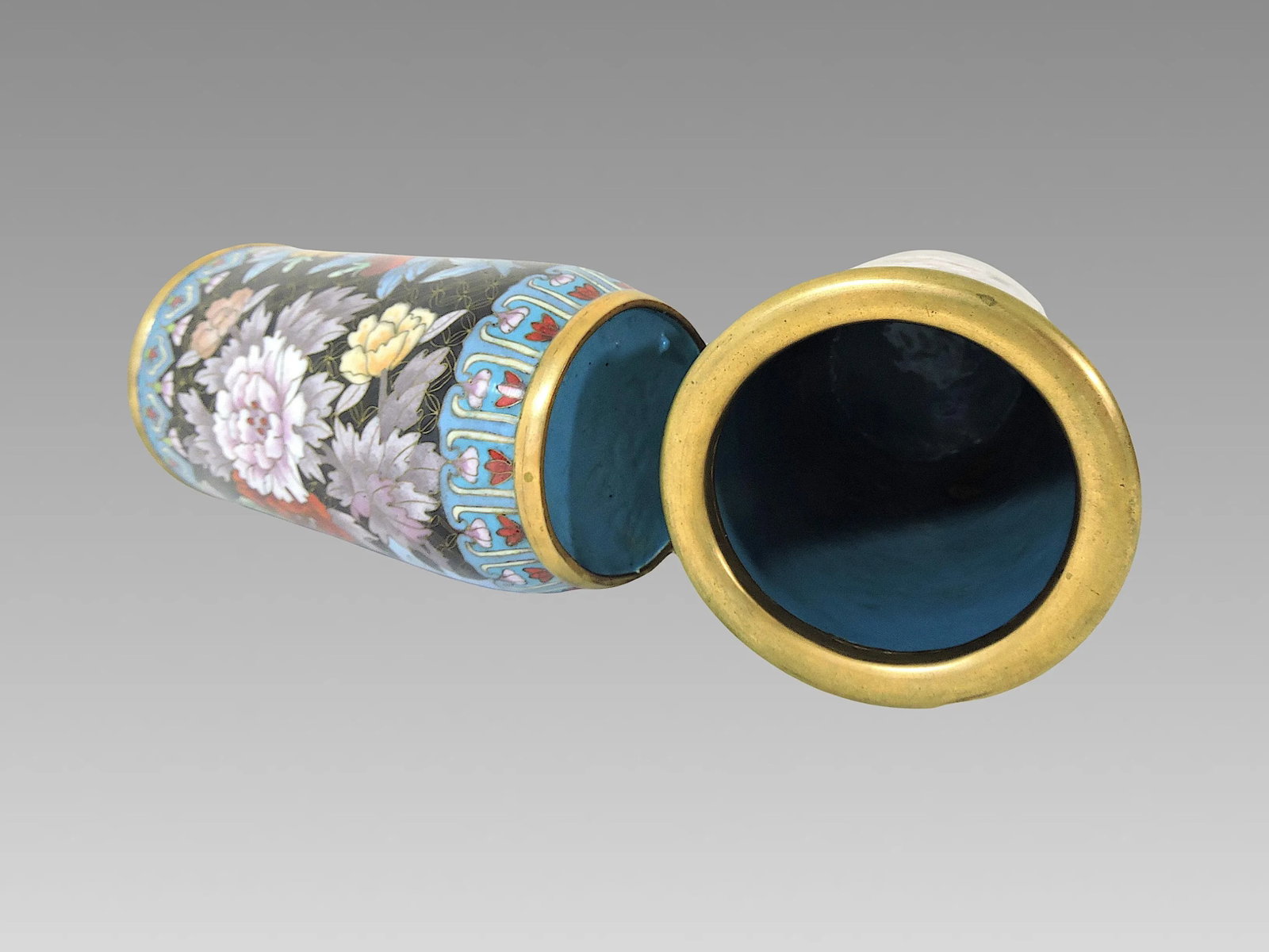 Antique Chinese Blue & Mauve Cloisonne Opposing Flower & Butterfly Cylindrical Vases or Brush Pots- - 7