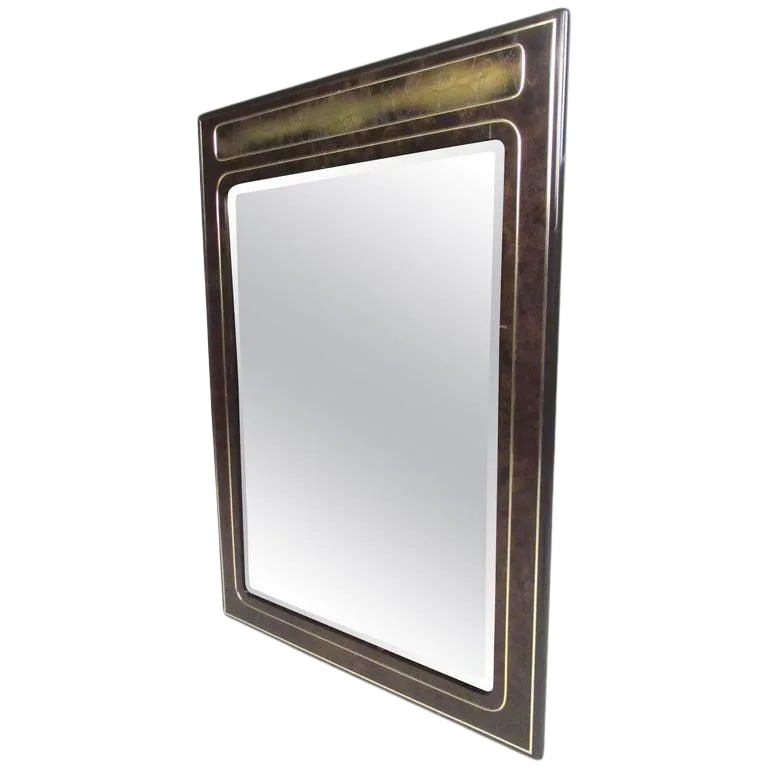 Vintage Mastercraft Burl and Brass Wall Mirror by Bernhard Rohne: This unique lacquered burl wood mirror features brass trim, and acid-etched brass detail. This large Bernhard Rohne mirror makes this vintage modern midcentury mirror a stylish and impressive