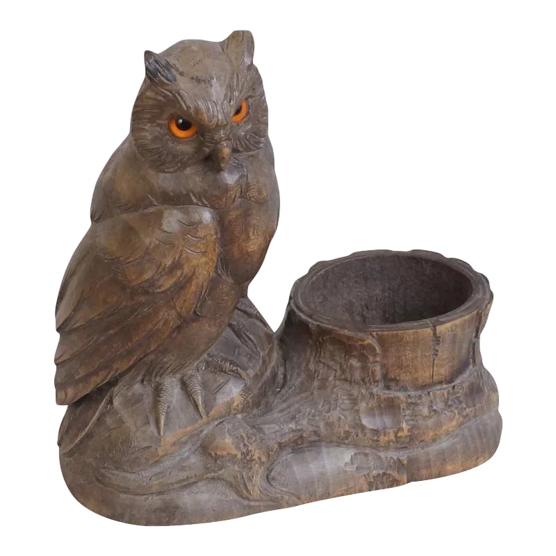 Circa 1910 Black Forest Owl: Circa 1910 German Black Forest Owl. "Black Forest" is a term to describe elaborate, realistic wood carvings. In Europe, Black Forest items became a sign of wealth and luxury. Often times, Black Forest