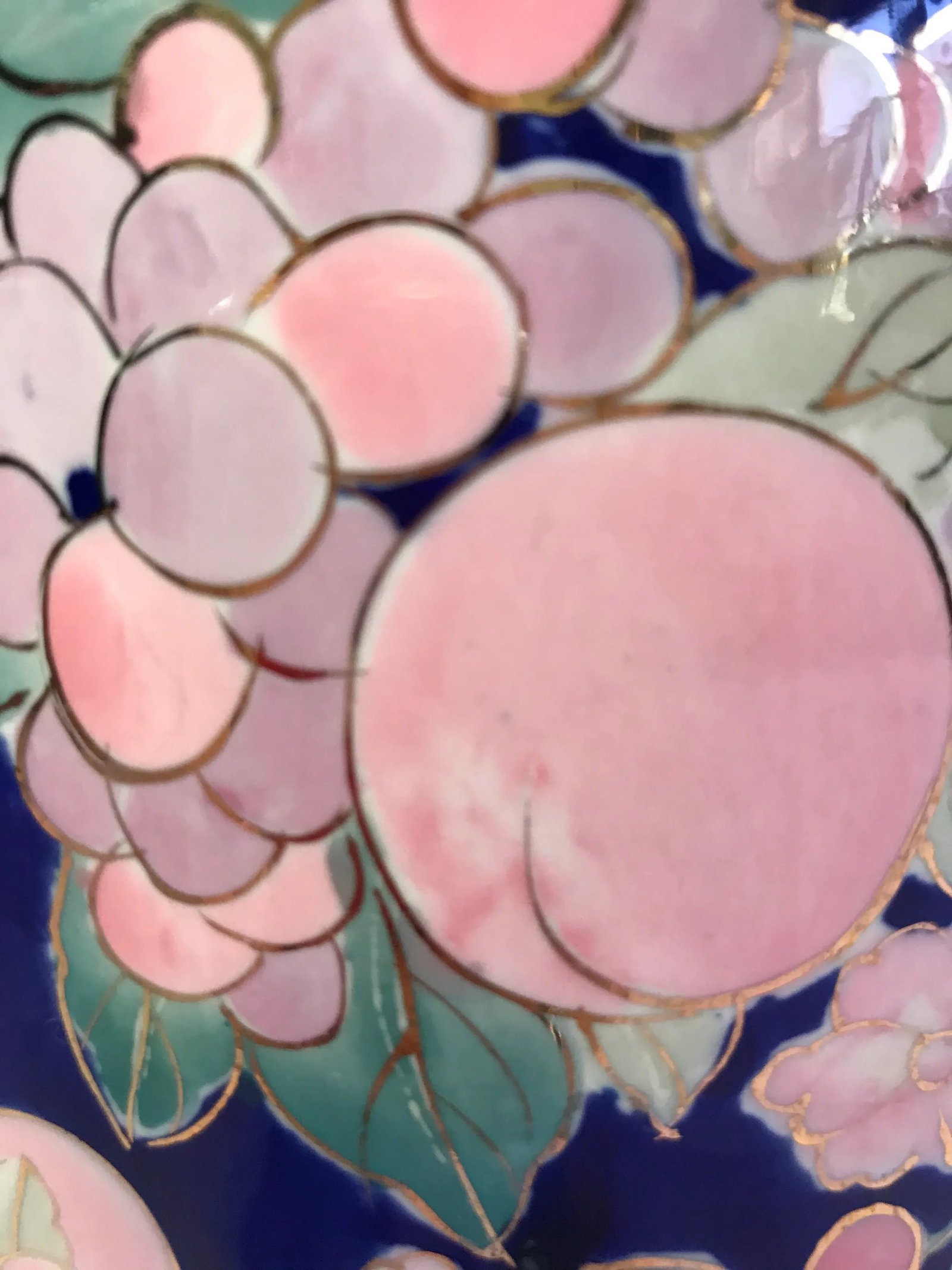 Vintage Floral and Fruit Chinoiserie Blue Gold Pink Jardiniere Vase - 3