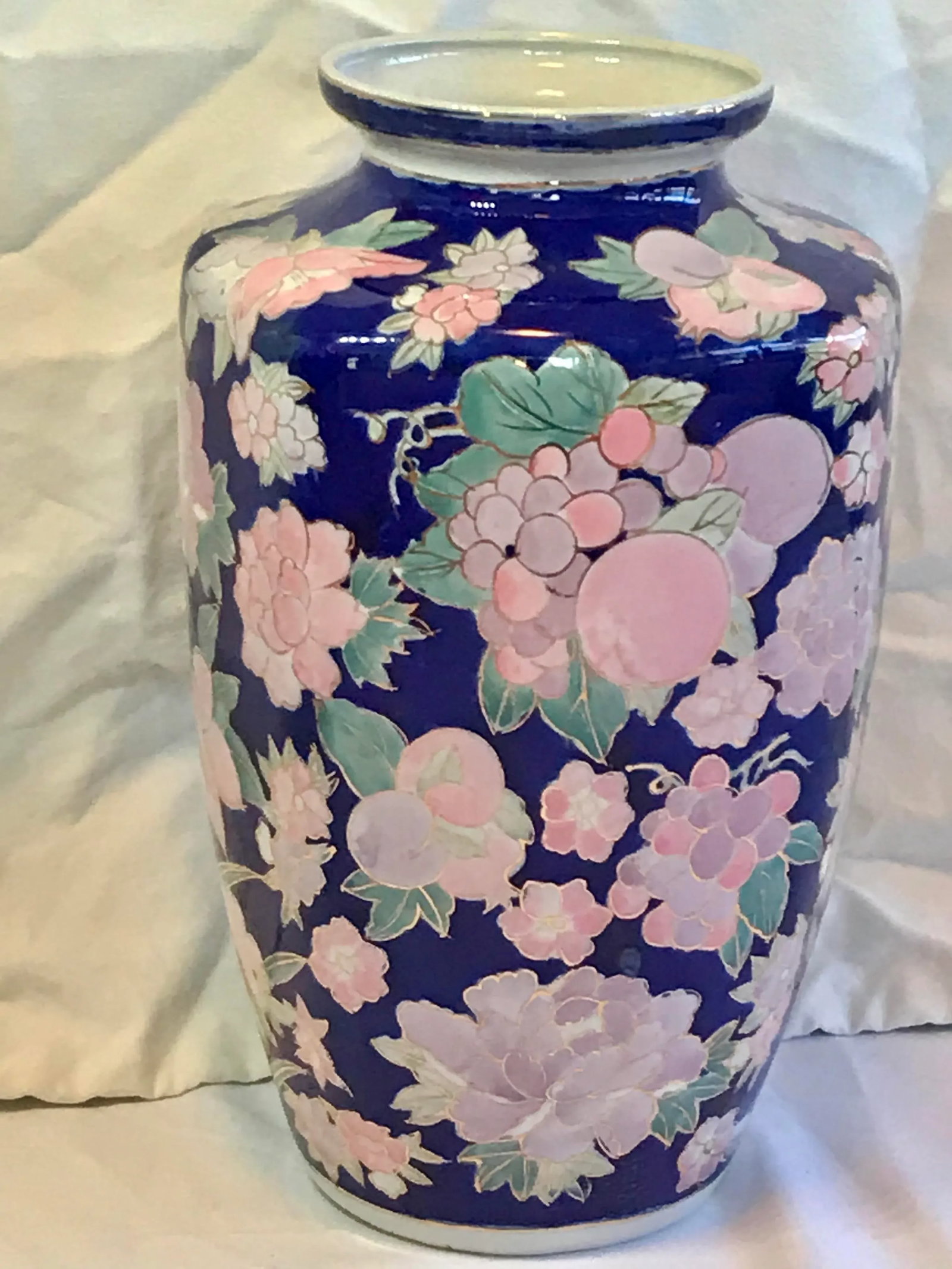 Vintage Floral and Fruit Chinoiserie Blue Gold Pink Jardiniere Vase - 6