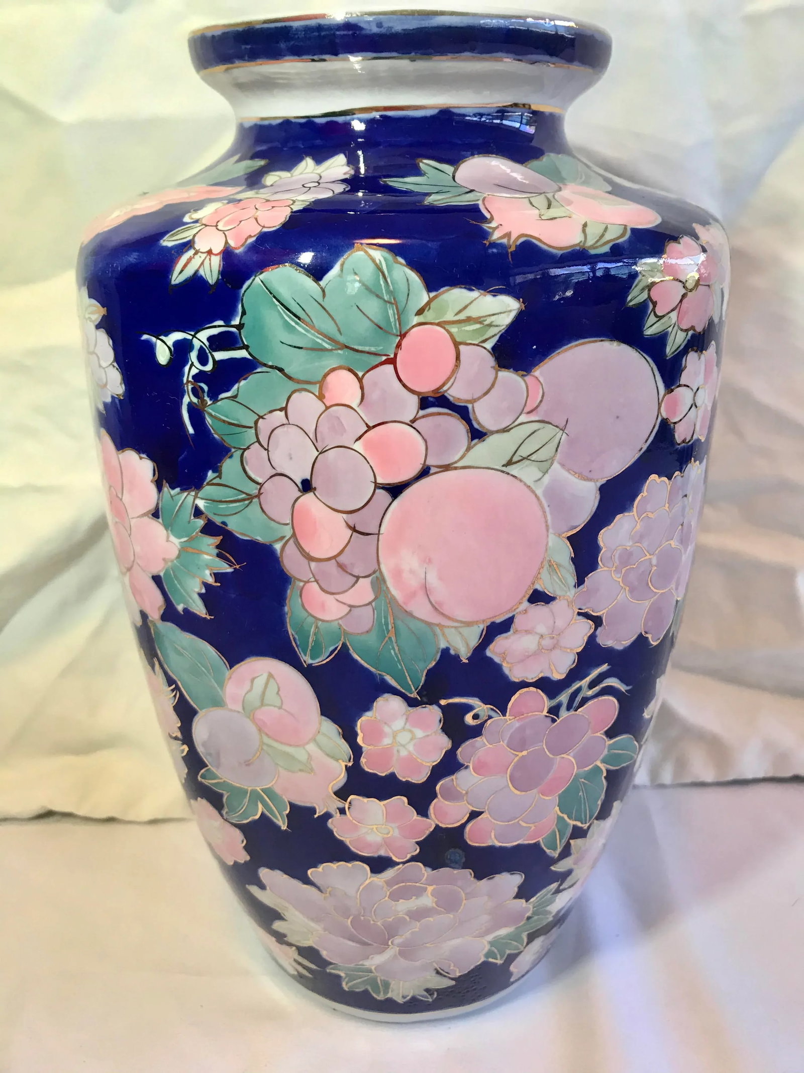 Vintage Floral and Fruit Chinoiserie Blue Gold Pink Jardiniere Vase - 8