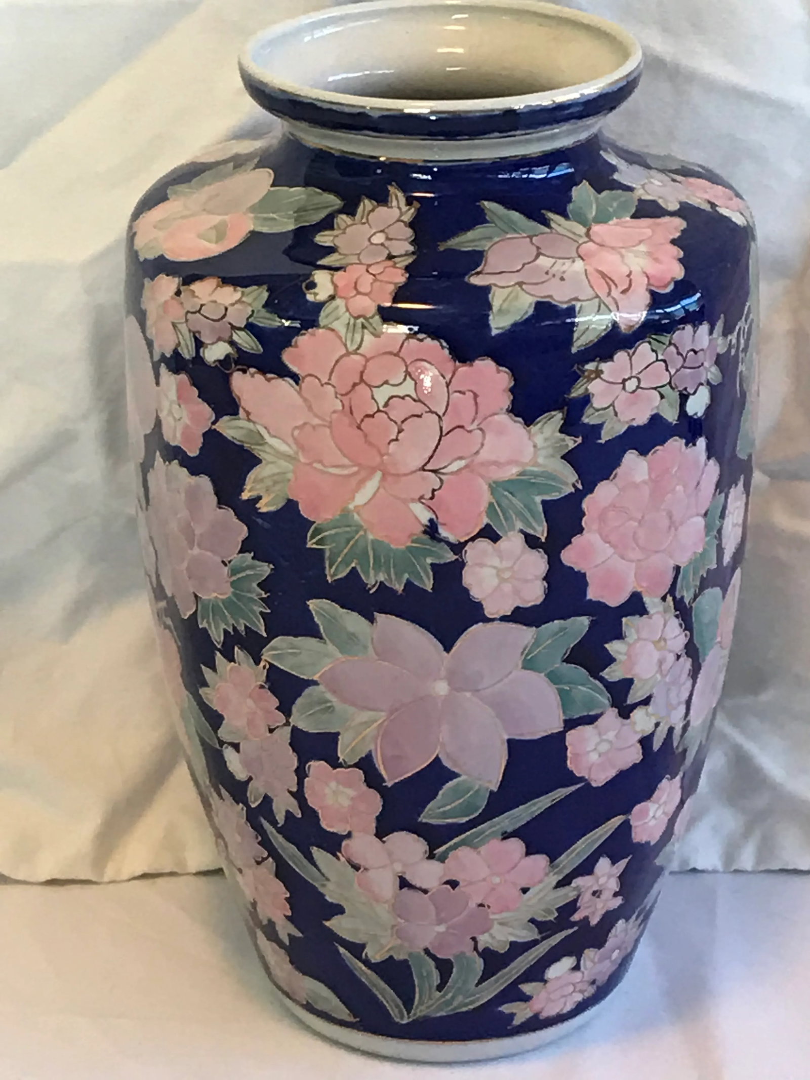 Vintage Floral and Fruit Chinoiserie Blue Gold Pink Jardiniere Vase - 9