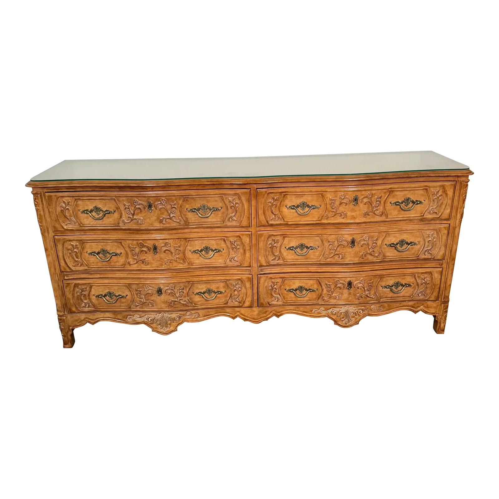 Late 20th Century Heritage French Country Dresser With Glass on Top: Beautiful dresser with a great design. A well made piece by heritage. The draws work well and have a great design. The glass top has a few minor scratches due to usage. Dresser has no majors breaks