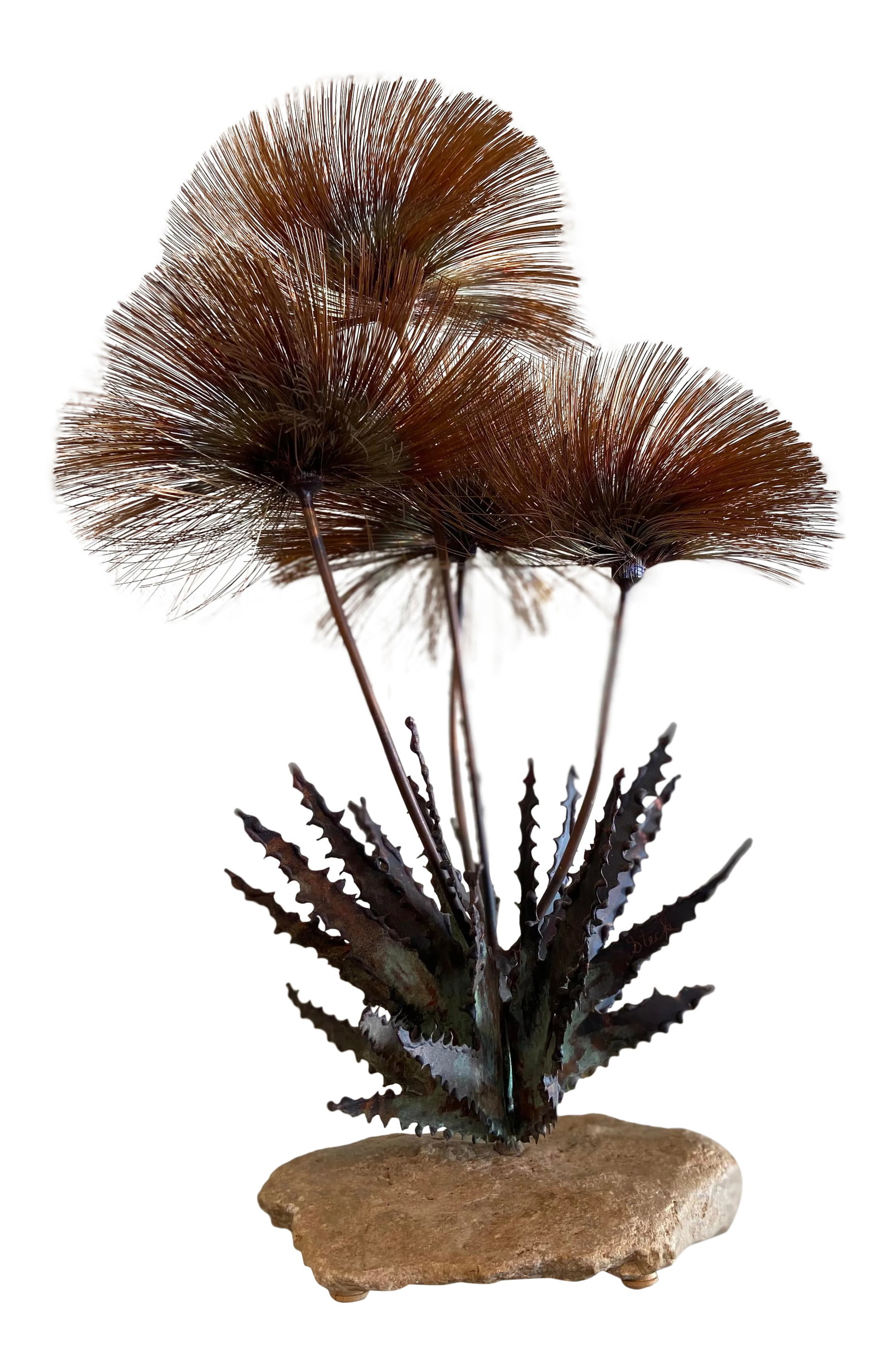 1960s John Steck Brutalist Copper + Natural Rock Pom Pom Desert Flowers: Mid-Century Modern mixed media sculpture by John Steck. Metal Pom Poms stemmed into metal leaf-work mounted into the sand-colored rock. See signature at leaf base. See all condition notes and photos f