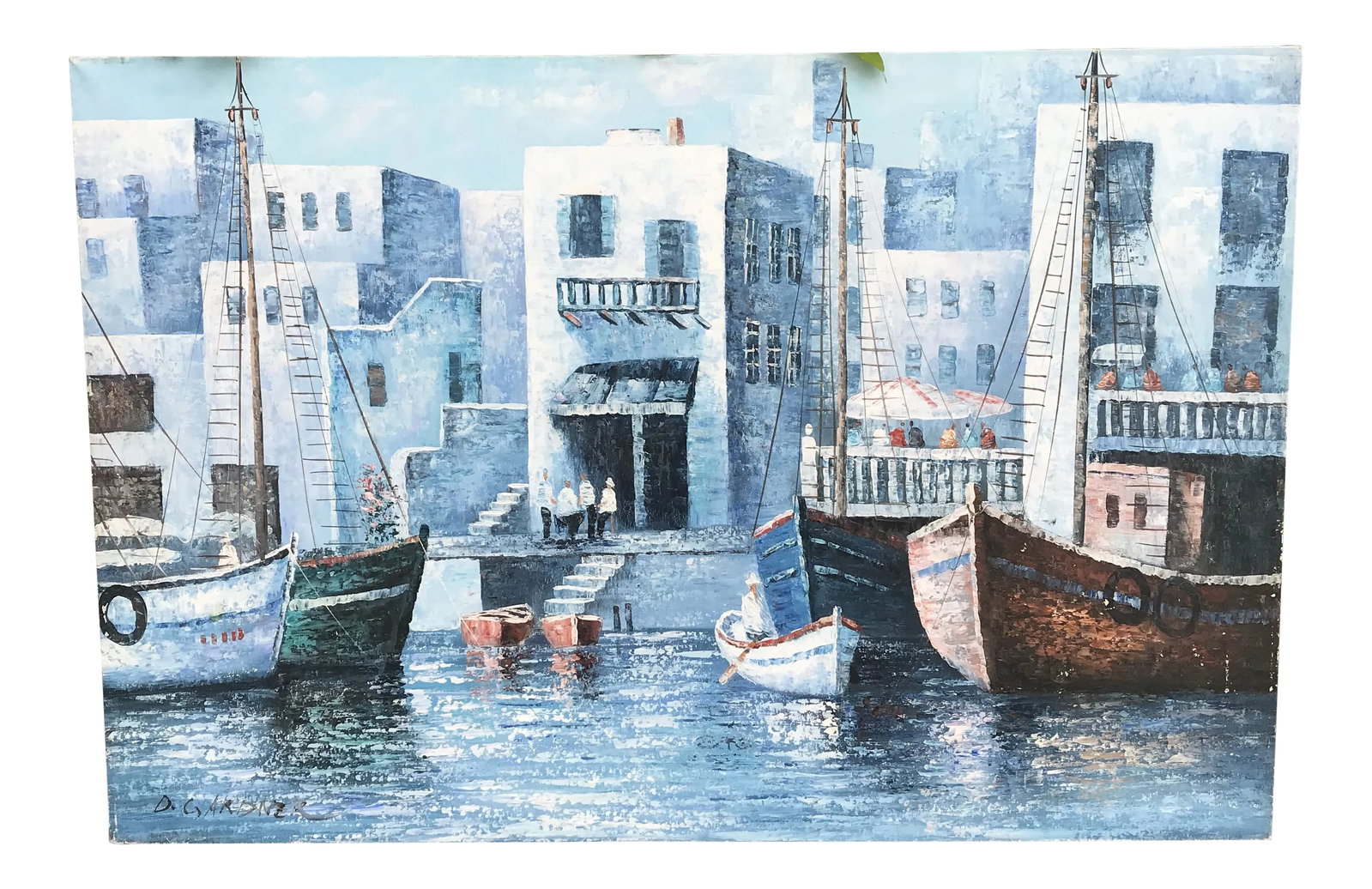 Contemporary Harbour Scene Painting: this contemporary painting is done in many shades of blue. and looks to be a harbour scene possibly of an itialian fishing villiage the brish work is very well done with thick work Condition: