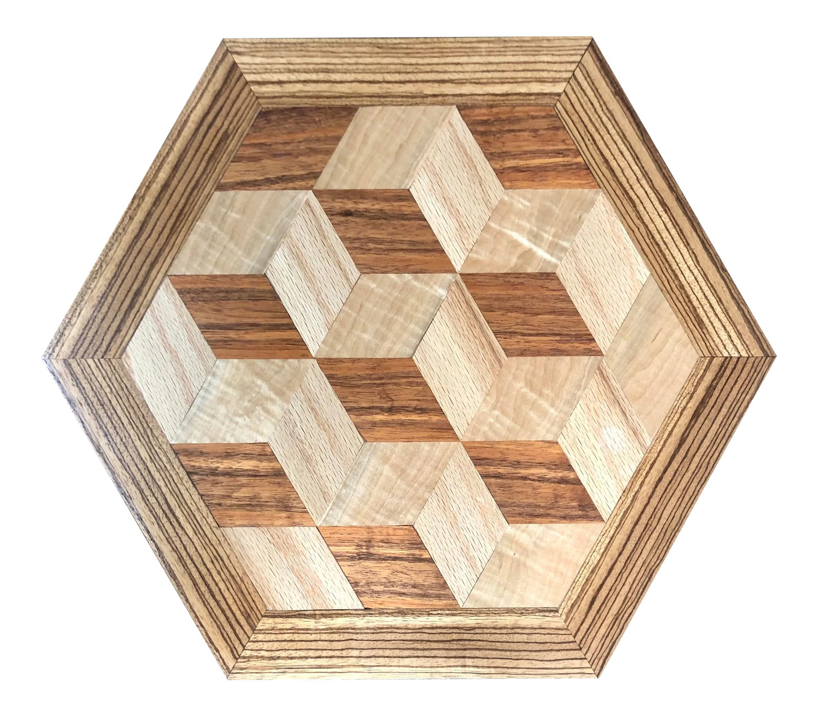 Mid-Century Modern Geometric Op Art Parquet Panel Tray: This handsome six-sided wooden panel features an op art Louis cube marquetry design. There are several (four I believe) wood veneer inlays comprising the piece, an artisan gem! It would be fantastic a