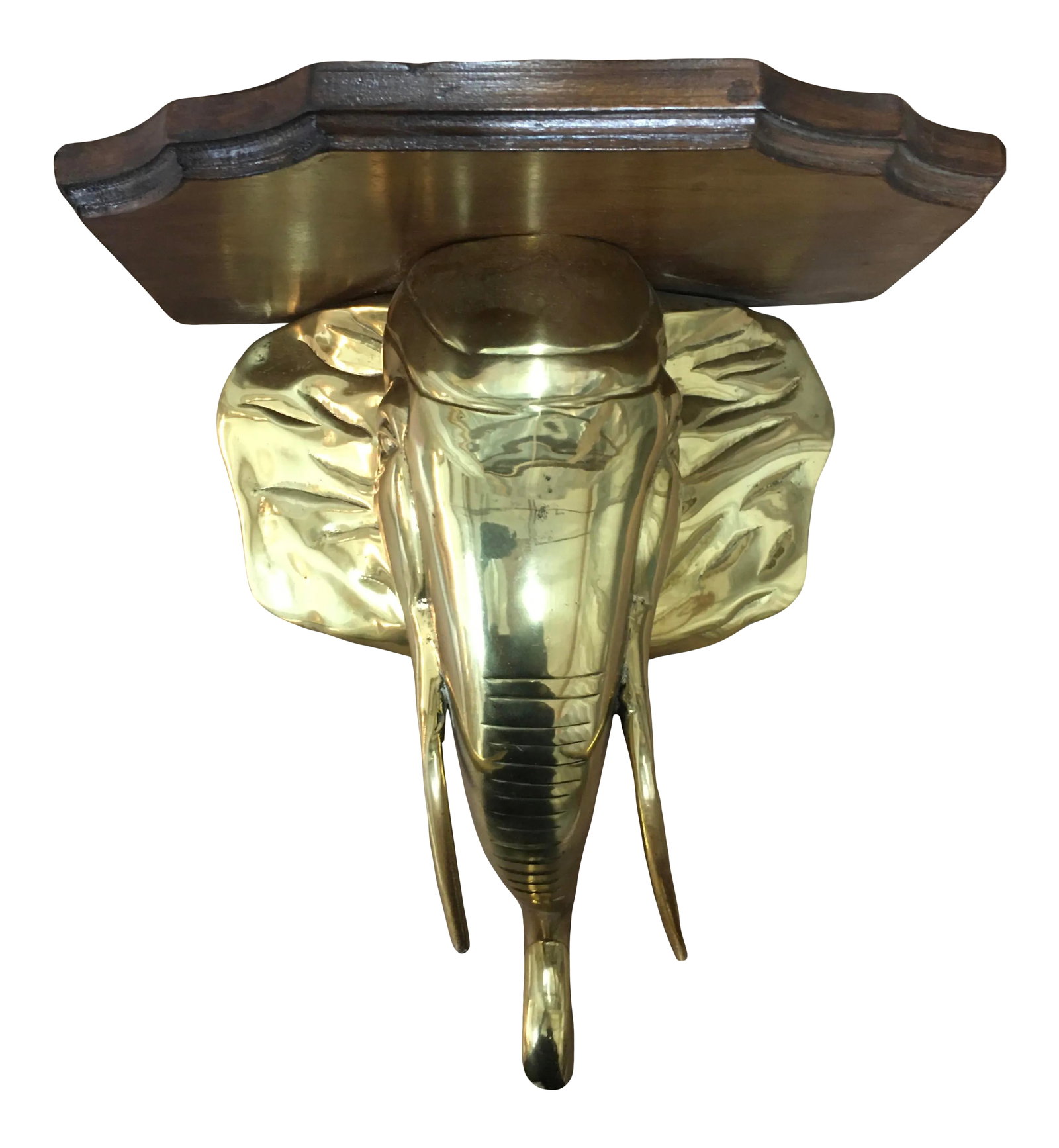Vintage Brass Elephant Wood Shelf: Vintage brass elephant with a wood shelf. Great on its own or with accessories or books on the shelf. Condition: Alterations: Original Condition Unaltered Imperfections: Some Imperfections Condition N