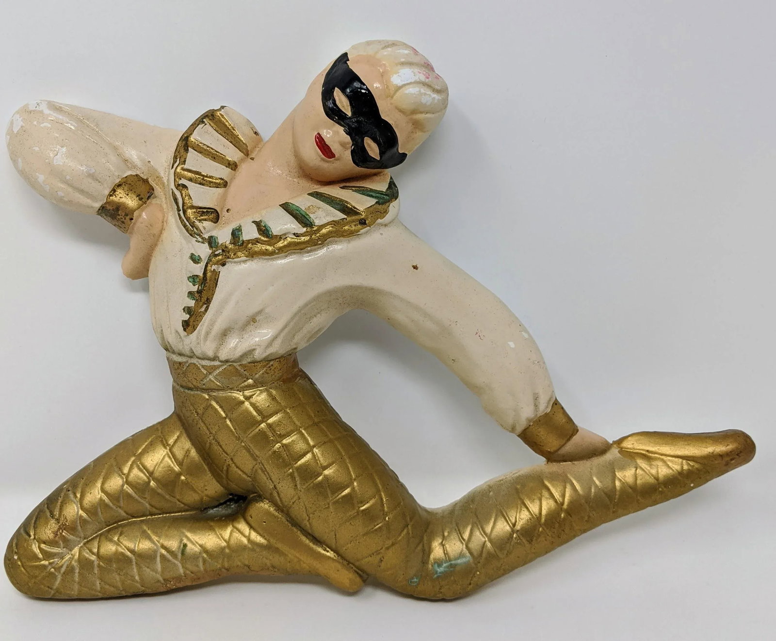 Vintage 1930s Art Deco Gold and Cream Masked Male Ballet Dancer Plaster Wall Art - 2