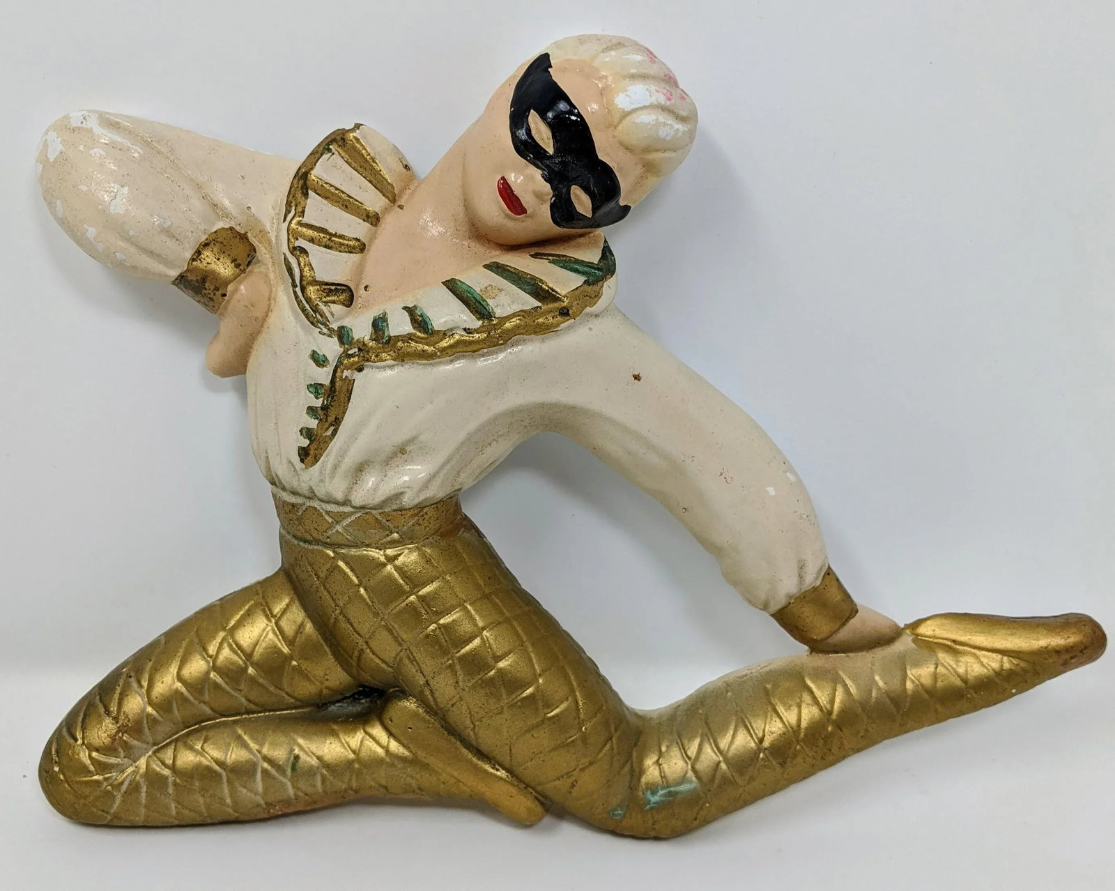 Vintage 1930s Art Deco Gold and Cream Masked Male Ballet Dancer Plaster Wall Art - 9