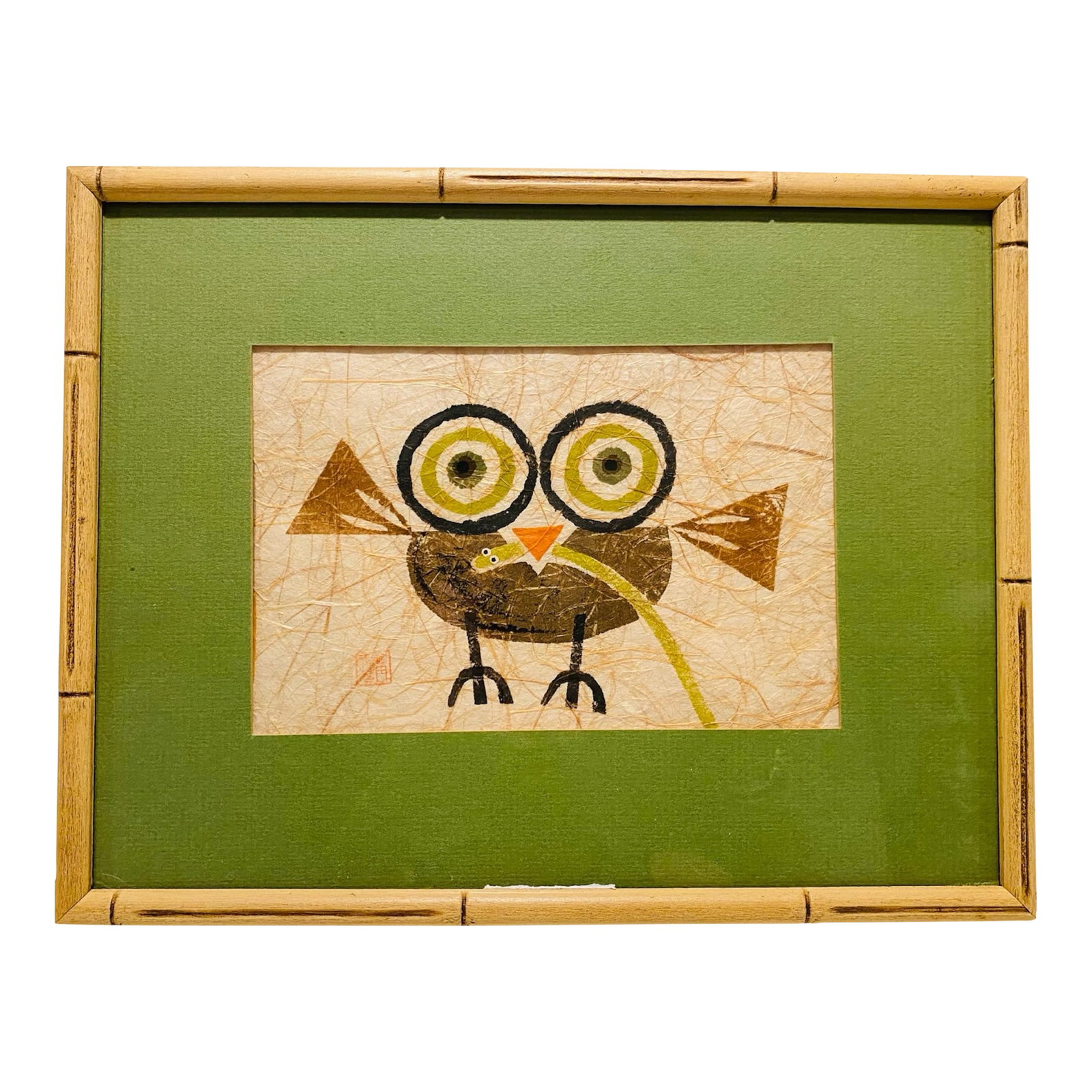 1960s Mid Century Modern Owl With Worm Signed Japanese Potato Print: This is in great condition and a very fun vintage piece of art! It is the perfect finishing touch for any Mid Century Modern Decor. A collage with a mixture of Mid Century Potato Prints would be