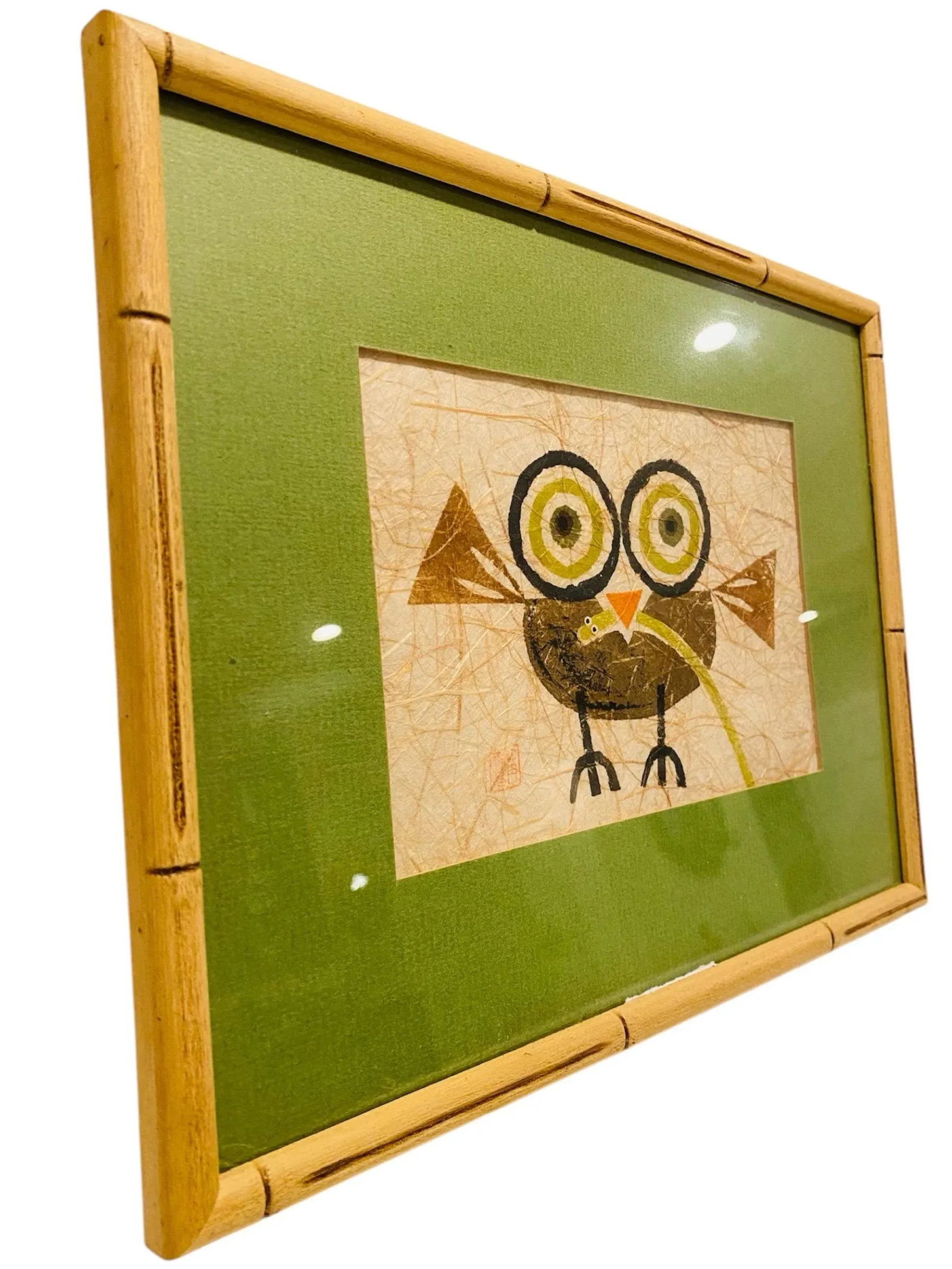 1960s Mid Century Modern Owl With Worm Signed Japanese Potato Print - 2