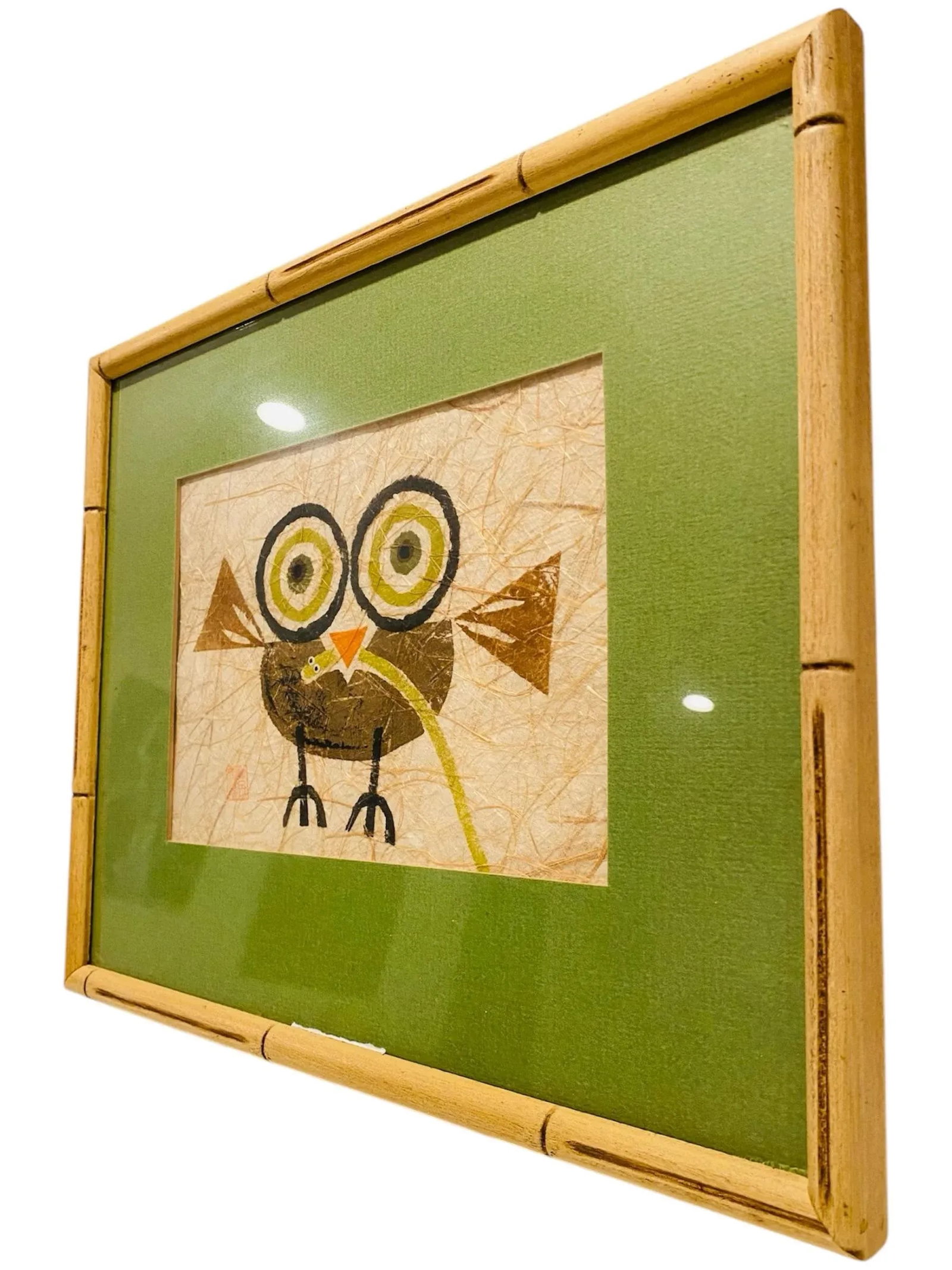 1960s Mid Century Modern Owl With Worm Signed Japanese Potato Print - 4