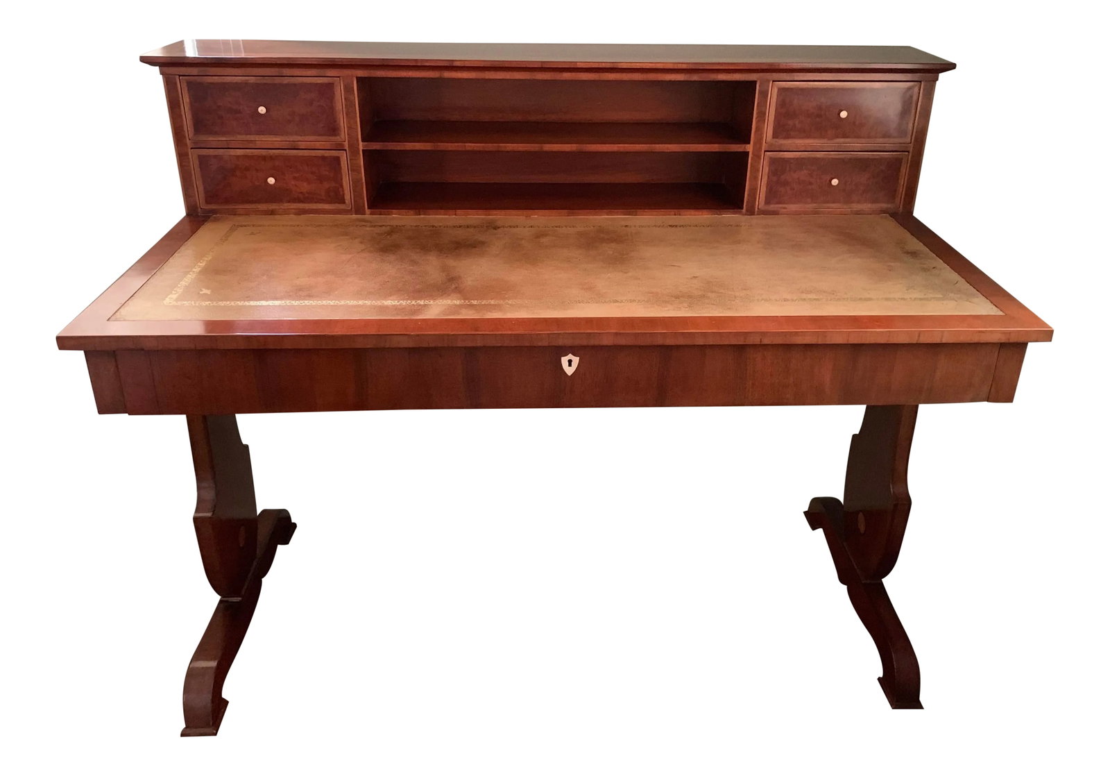 Elegant Austrian Biedermeier Writing Desk (Exact Replica): Beautiful writing desk. Faithful reproduction of original Austrian early 19th century Biedermeier desk in walnut veneer with ash inlay, with leather desktop writing surface. French polish finish. Beau
