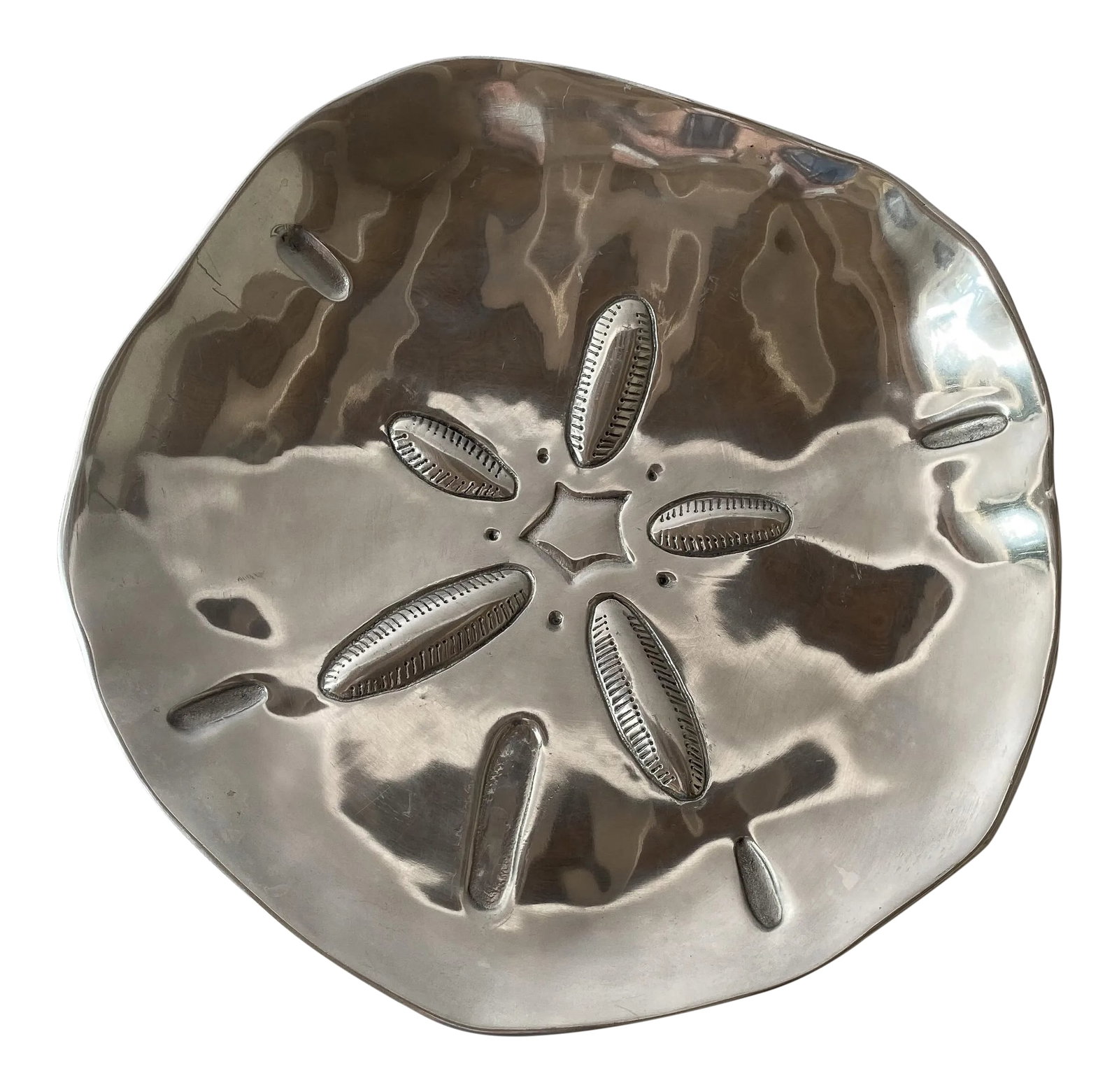 Mariposa Sand Dollar Serving Platter: Beautiful seaside Mariposa Sand Dollar Platter. Hand-sculpted motif created from organically formed platter. Handcrafted from 100% recycled, heavy weight, buffed-until-brilliant aluminum. Mariposa