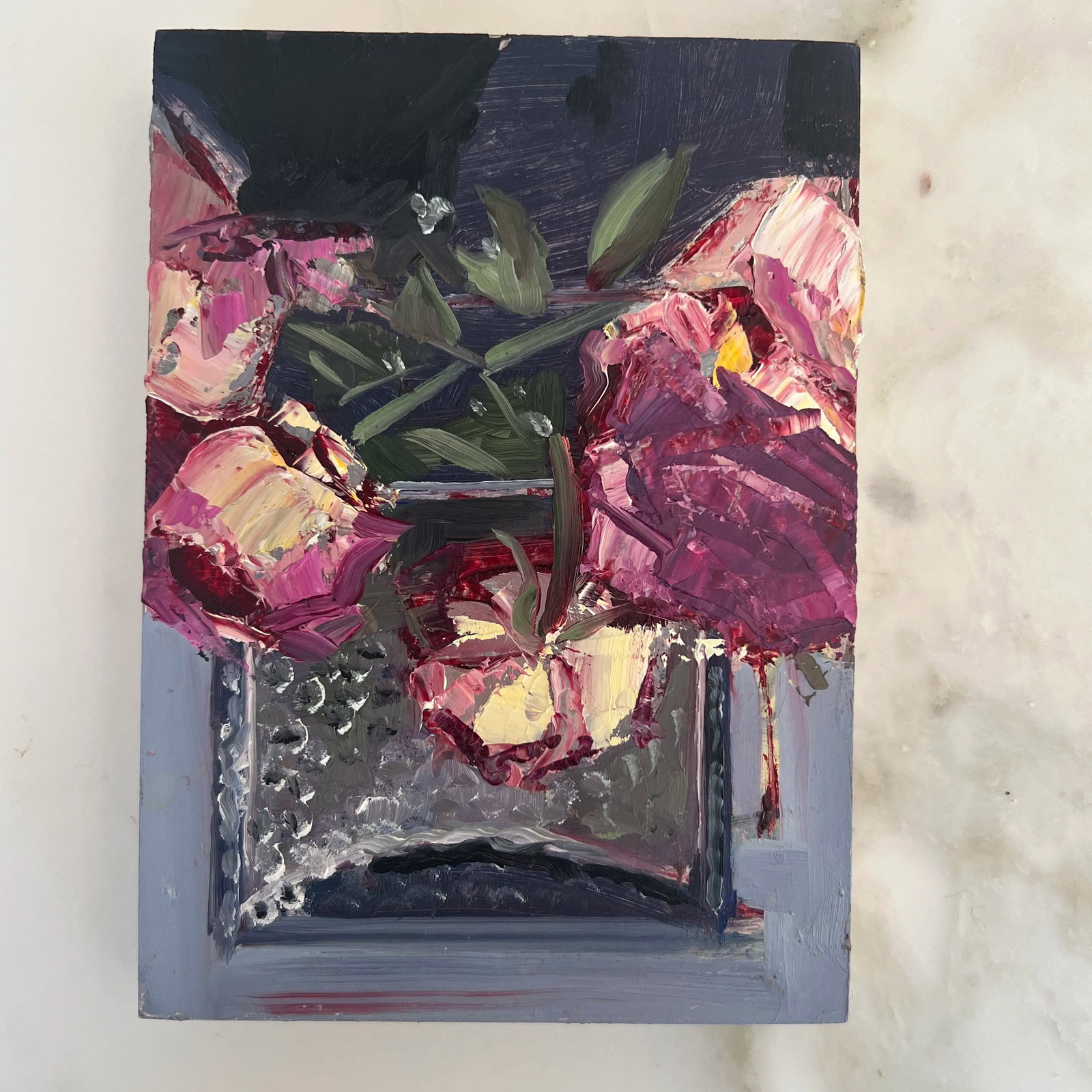 Original Small Contemporary Floral Still Life Oil Painting on Board - 2