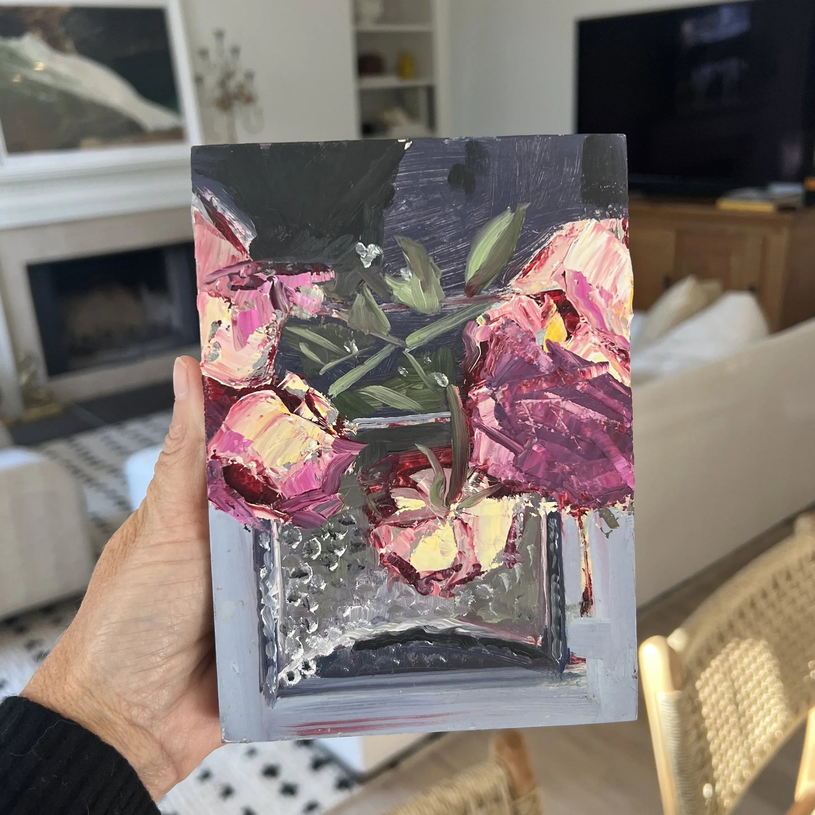Original Small Contemporary Floral Still Life Oil Painting on Board - 6