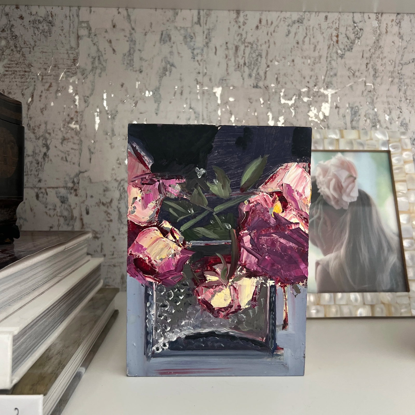 Original Small Contemporary Floral Still Life Oil Painting on Board - 7