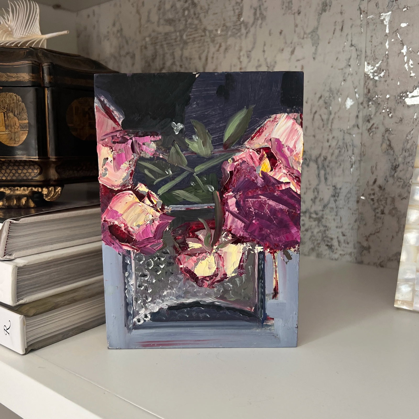 Original Small Contemporary Floral Still Life Oil Painting on Board - 8