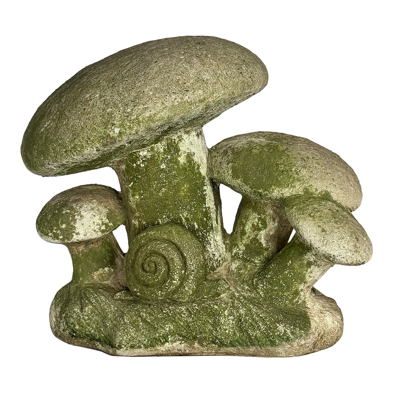 1950s Vintage Cement Cast Mushroom Sculpture: Great, but very heavy, Vintage Concrete Mushroom Sculpture for indoors and/ or outdoors! Comes with its own "moss patina" which makes it weathered and lovely. Condition: Alterations: Original
