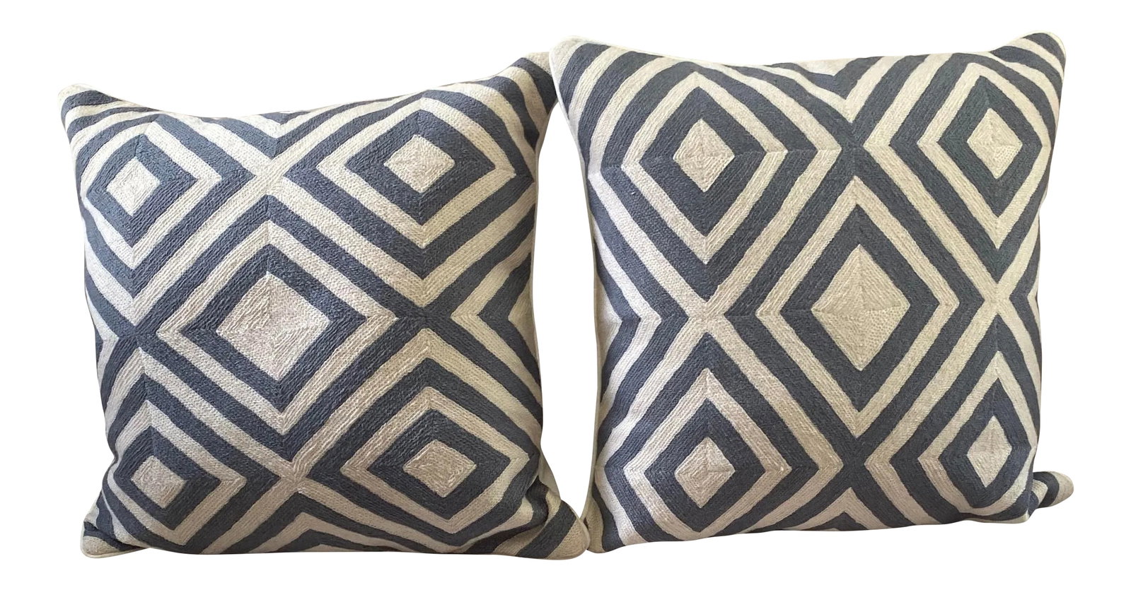 Needlepoint Geometric Pillows - A Pair: Pair of needlepoint pillows, 20 x 20, geometric pattern, gray and white. White back with zipper Condition: Imperfections: No Imperfections Condition Notes: New. No flaws Origin: United States