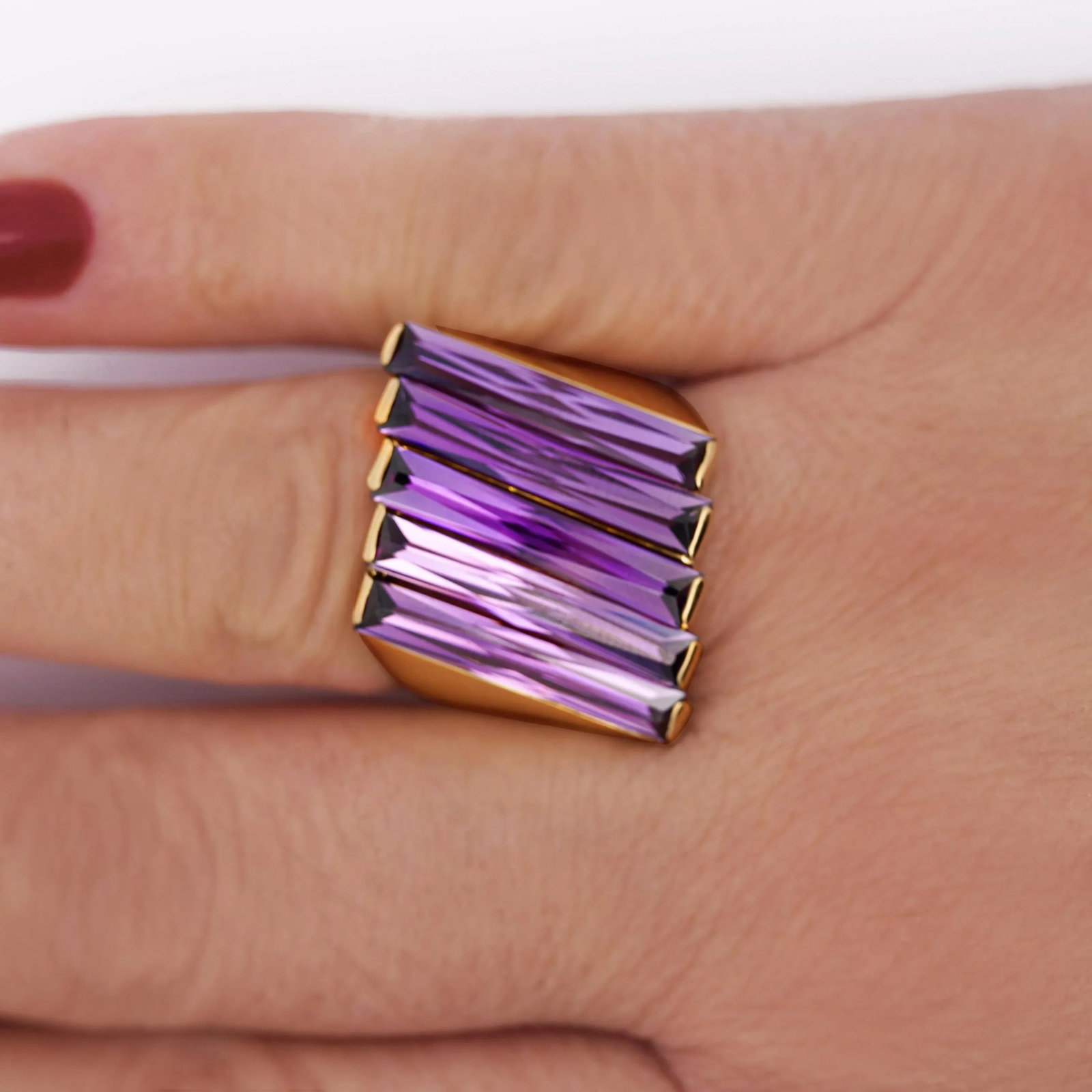 12 Carat Baguette Cut Amethyst 18k Gold Italian Cocktail Ring, Size 7.5 - 2