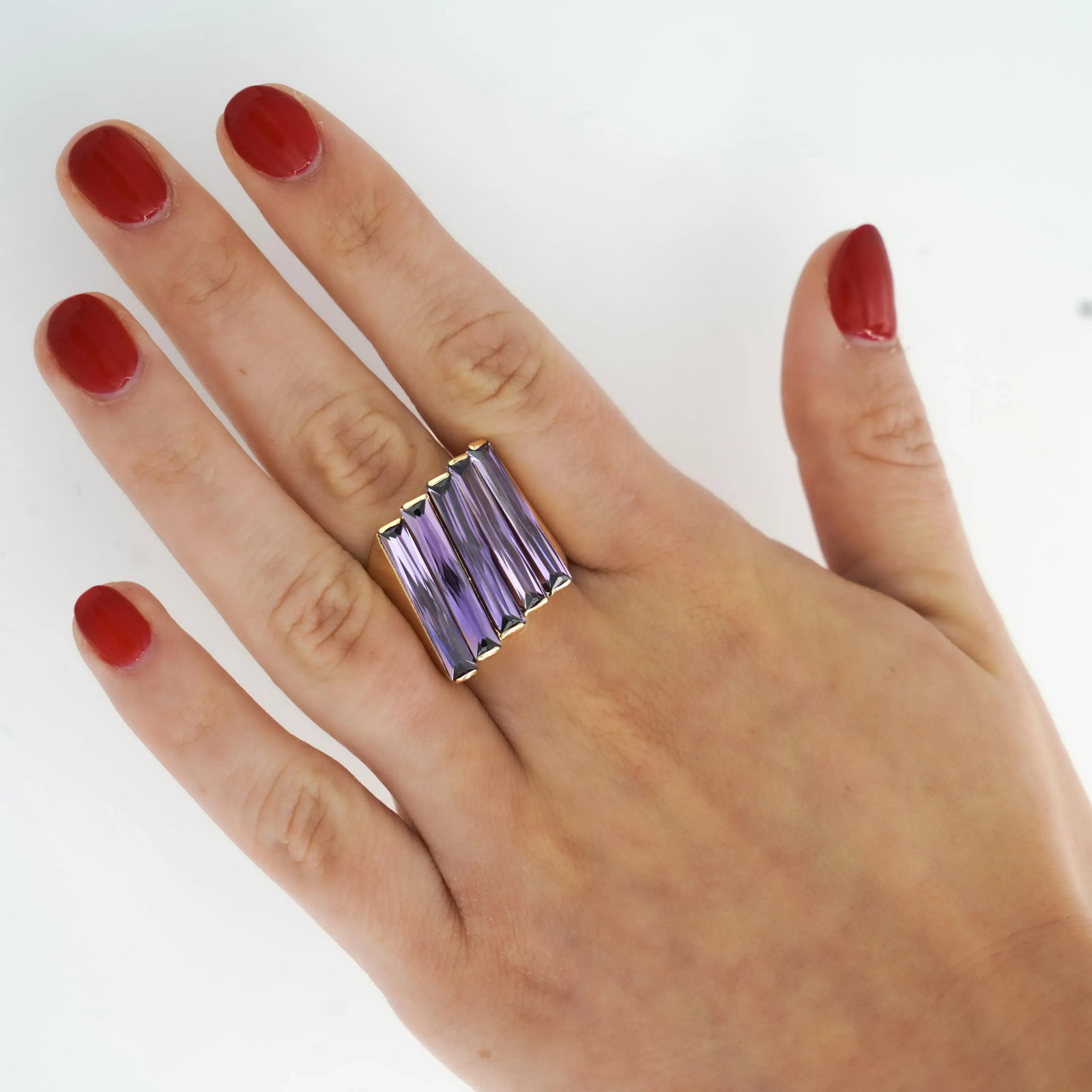 12 Carat Baguette Cut Amethyst 18k Gold Italian Cocktail Ring, Size 7.5 - 3