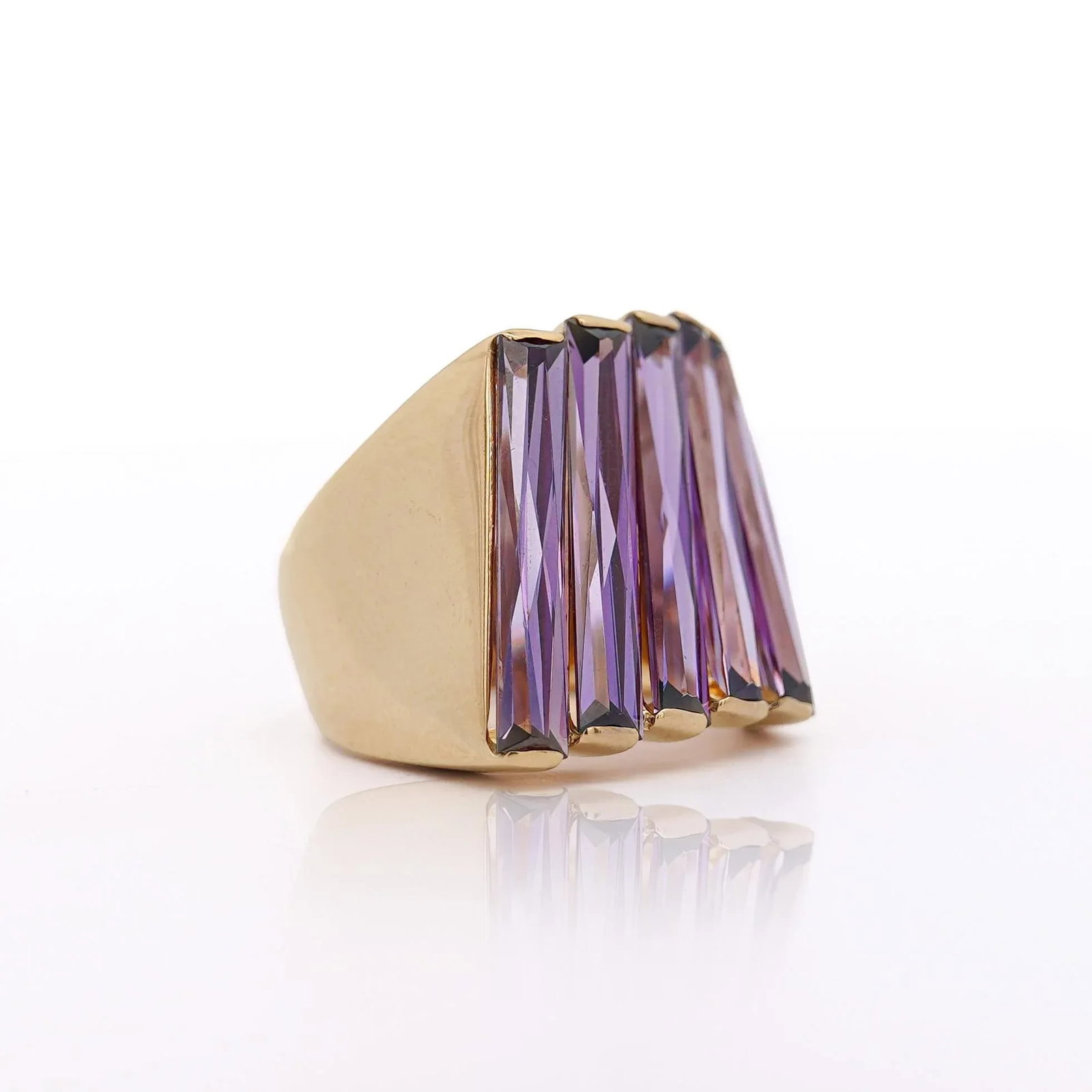 12 Carat Baguette Cut Amethyst 18k Gold Italian Cocktail Ring, Size 7.5 - 5