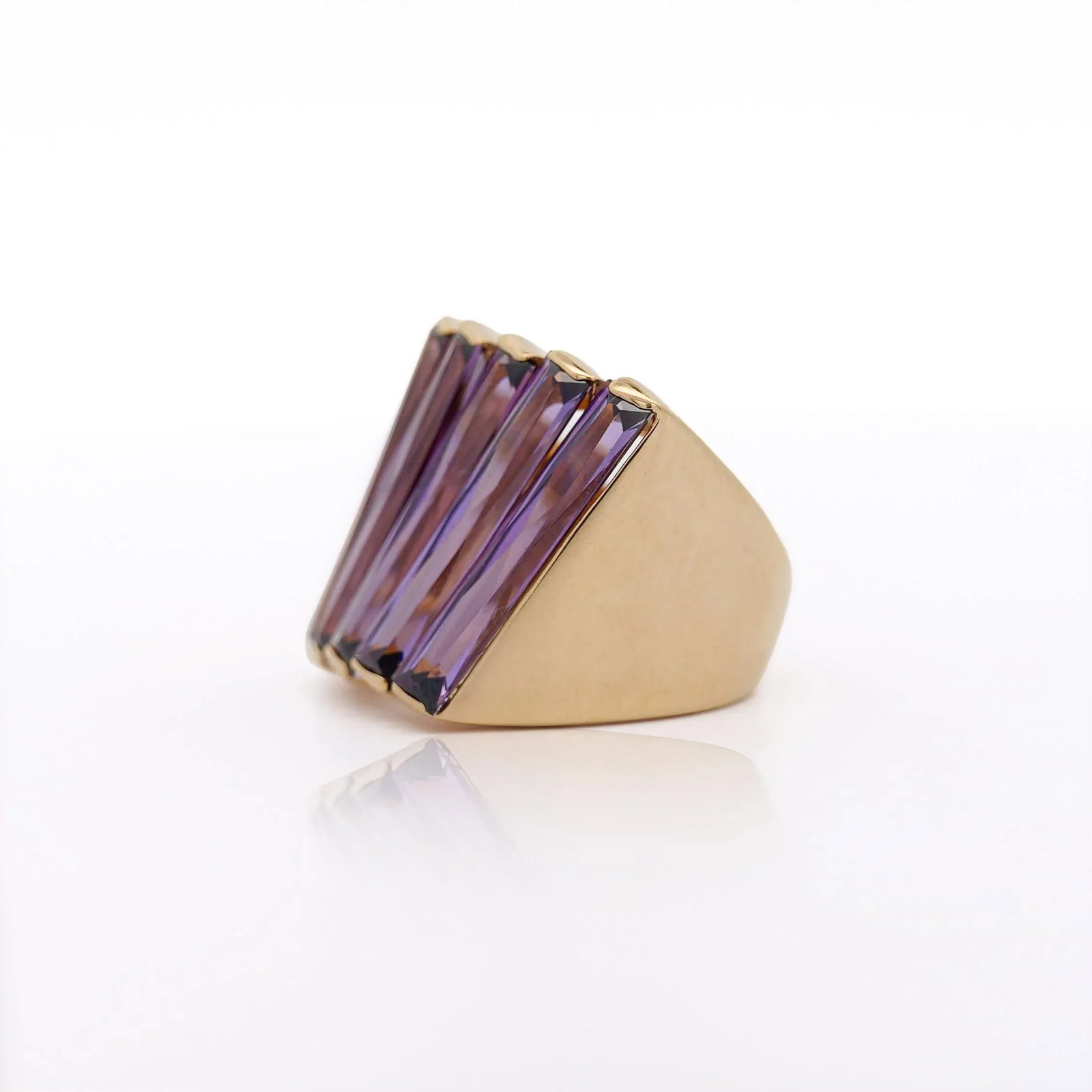 12 Carat Baguette Cut Amethyst 18k Gold Italian Cocktail Ring, Size 7.5 - 6