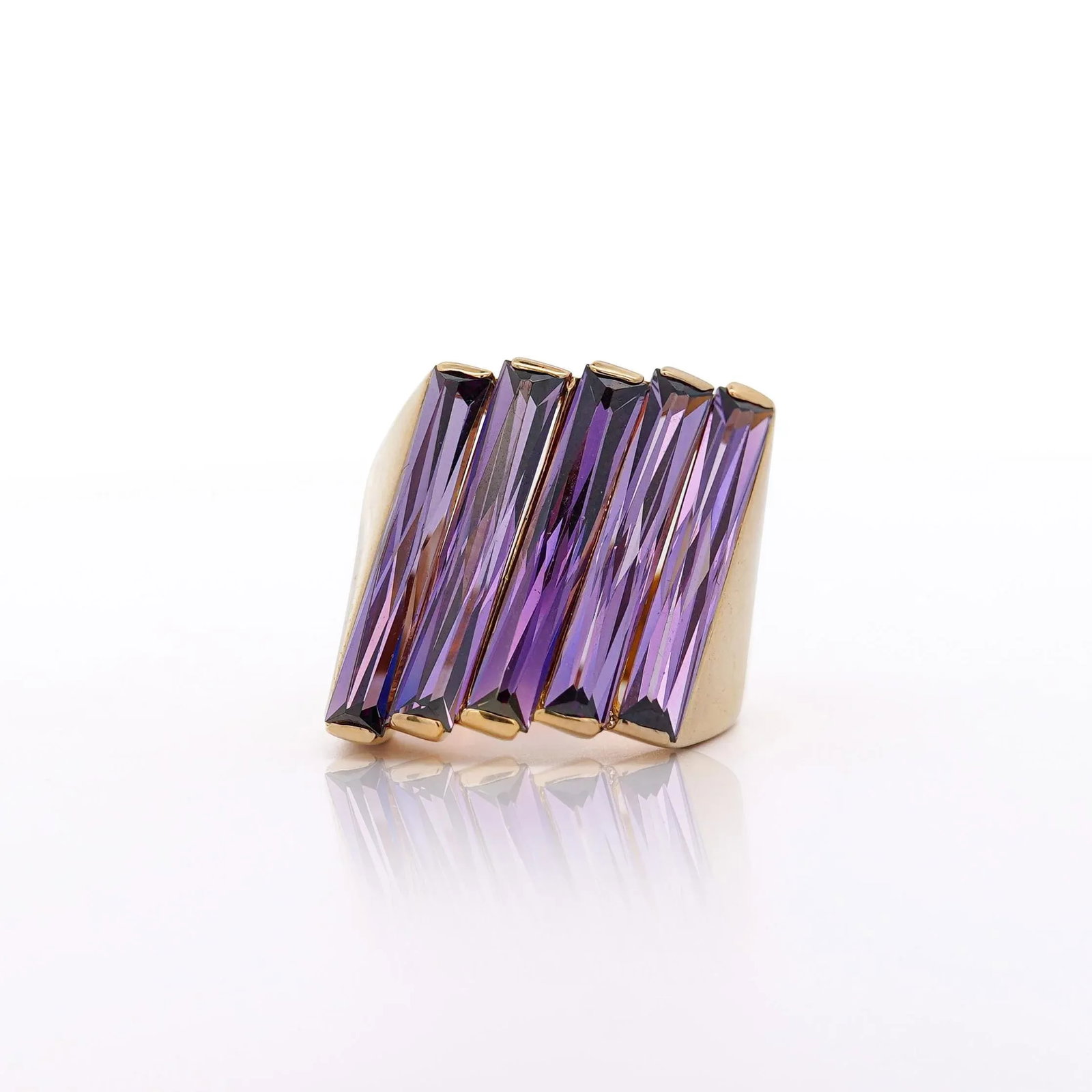 12 Carat Baguette Cut Amethyst 18k Gold Italian Cocktail Ring, Size 7.5 - 8
