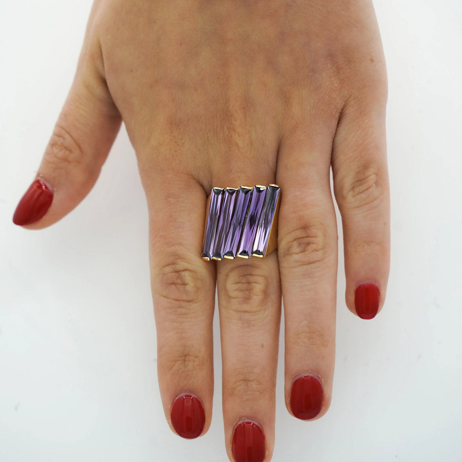 12 Carat Baguette Cut Amethyst 18k Gold Italian Cocktail Ring, Size 7.5 - 9