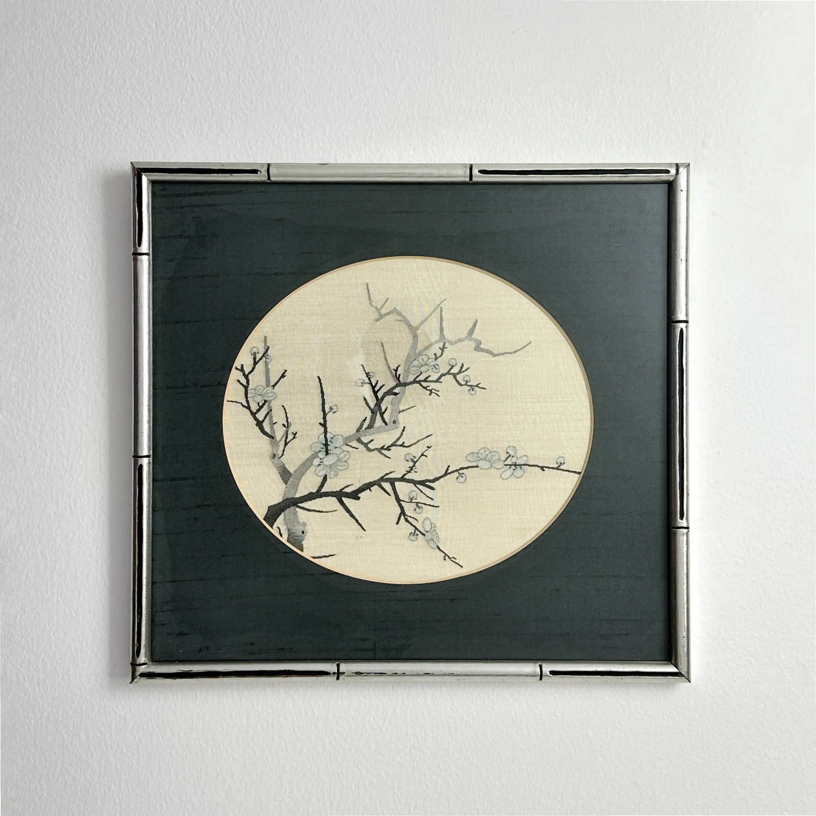 Vintage Chinoiserie Silk Embroidery Cherry Blossom Framed Art - 2