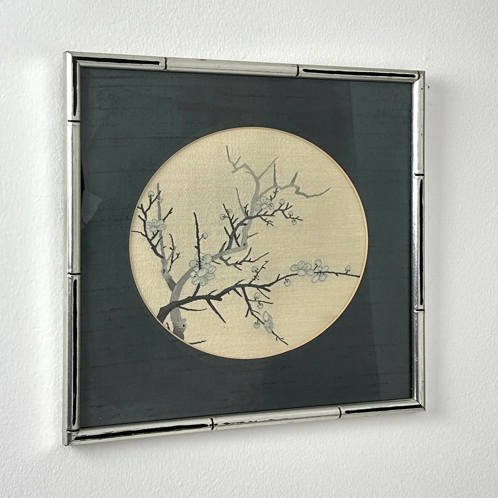 Vintage Chinoiserie Silk Embroidery Cherry Blossom Framed Art - 3