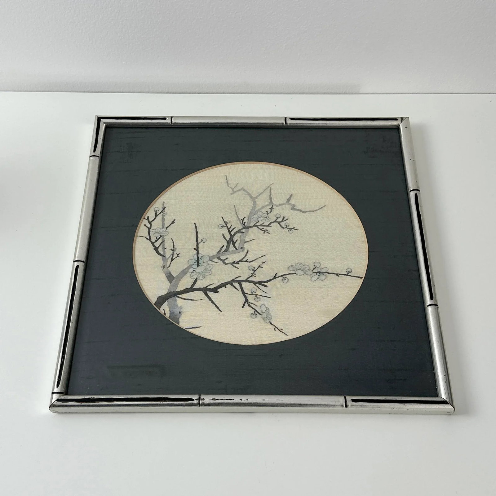 Vintage Chinoiserie Silk Embroidery Cherry Blossom Framed Art - 4