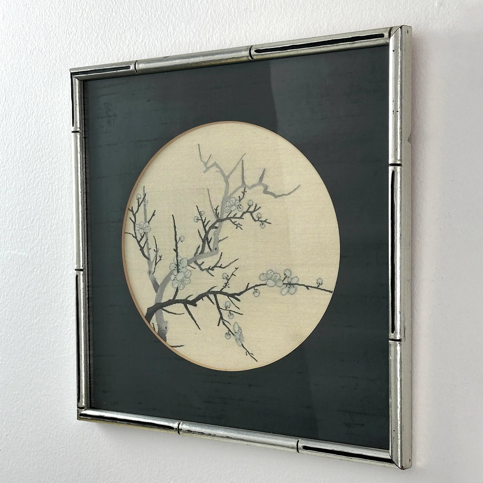 Vintage Chinoiserie Silk Embroidery Cherry Blossom Framed Art - 6