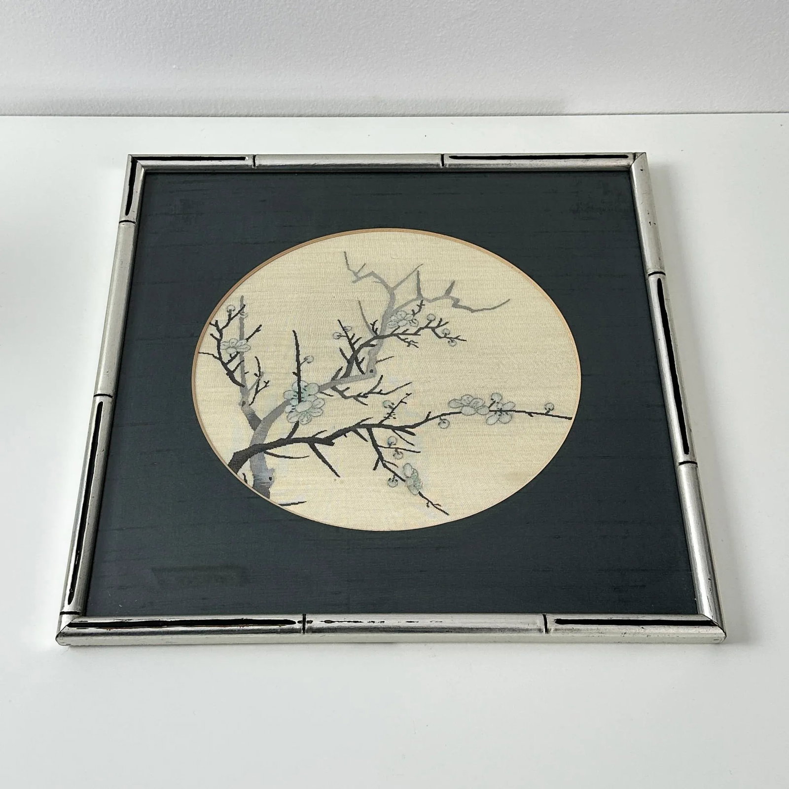 Vintage Chinoiserie Silk Embroidery Cherry Blossom Framed Art - 8