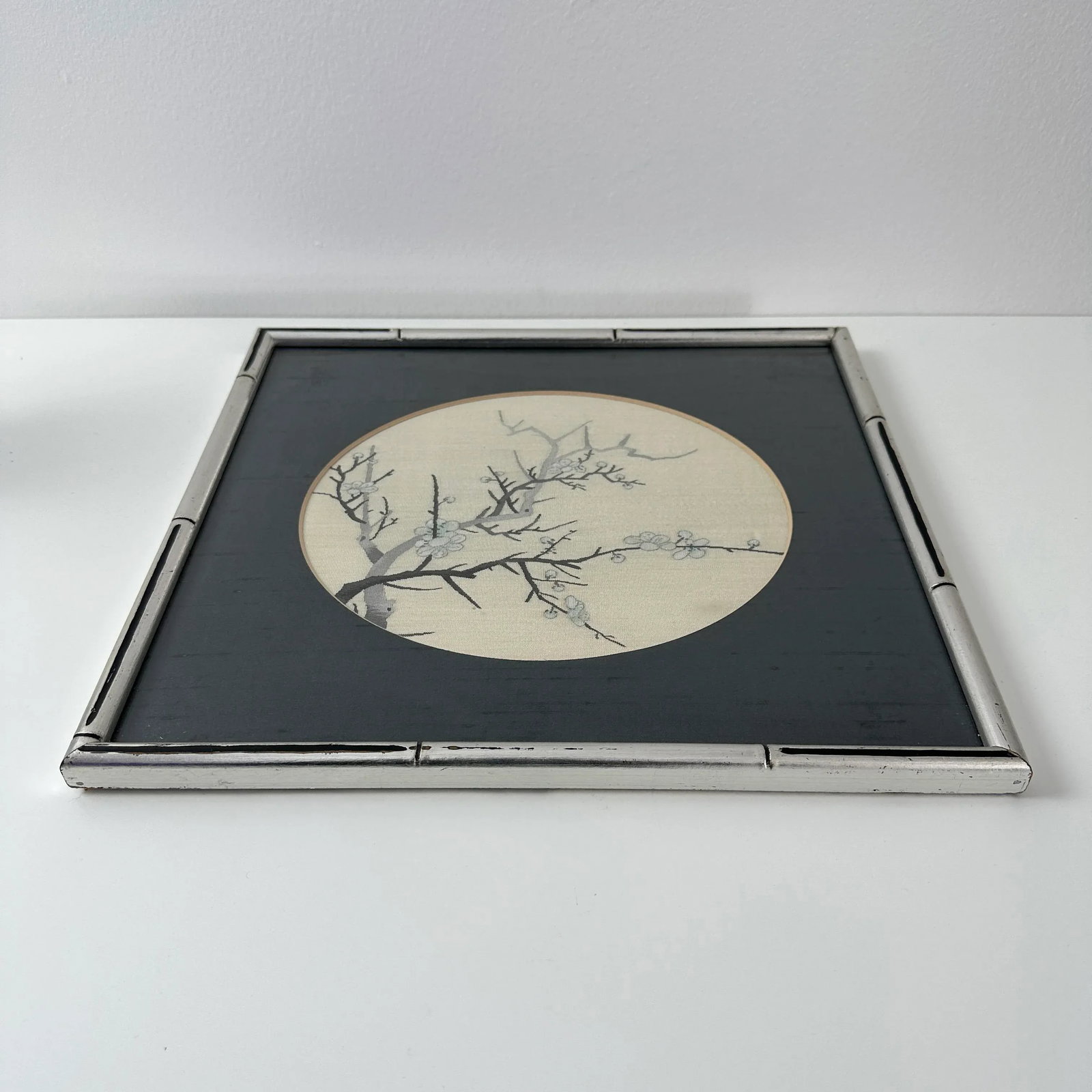 Vintage Chinoiserie Silk Embroidery Cherry Blossom Framed Art - 9